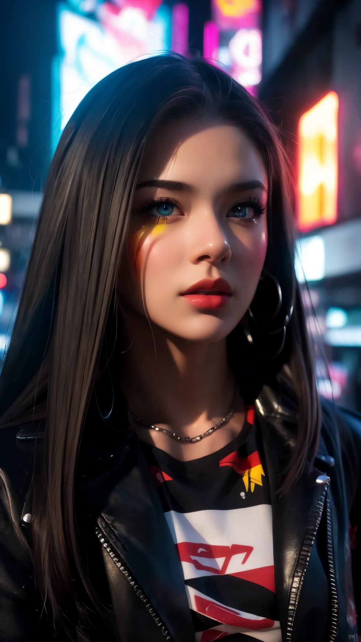 dramatic lighting, vibrant colors, urban street art, high quality render, detailed facial features, expressive eyes and lips, dynamic pose, graffiti backdrop, energetic atmosphere