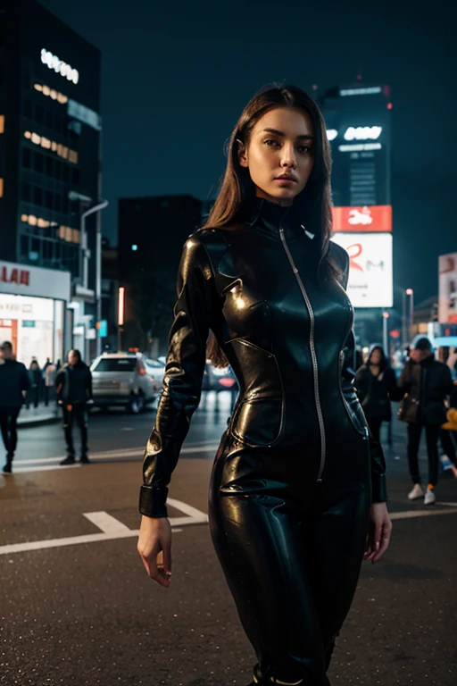 A woman in a futuristic jumpsuit, standing in a modern city. The jumpsuit is sleek and modern, with a focus on its smart features and the womans confident stance. The lighting is soft and diffused, casting a warm glow on the woman and the city.