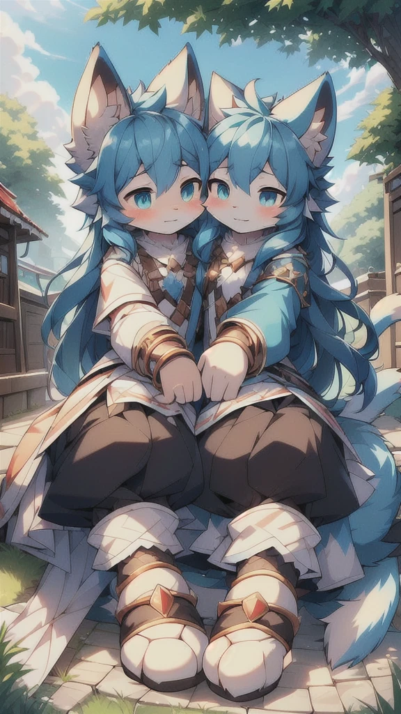 Niji, (1 boy:1.4), (JW3), Cat Boy, (hairy:1.5), Light blue fur, Body hair, (Thick thighs:0.5), (whole body:1.1), Perfect lighting, (masterpiece), (ultra deTailed), Eye contact, blush, Long hair,White clothes,Looking at the audience, Solitary,Pants, Tail, Long skirt,Anklets,outdoor, outdoor,The Peak, Ultra HD,rest, Red and blue,(((two_heads)))