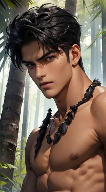 1 boy,Handsome,tall and strong,perfect male figure, eyes looking at camera, ((tanned skin)),forests,shirtless, primitive,ripped abs toned body feather hair accessories,Oil paint on the face,black hair,serious expression,Beast tooth necklace,Ray tracing