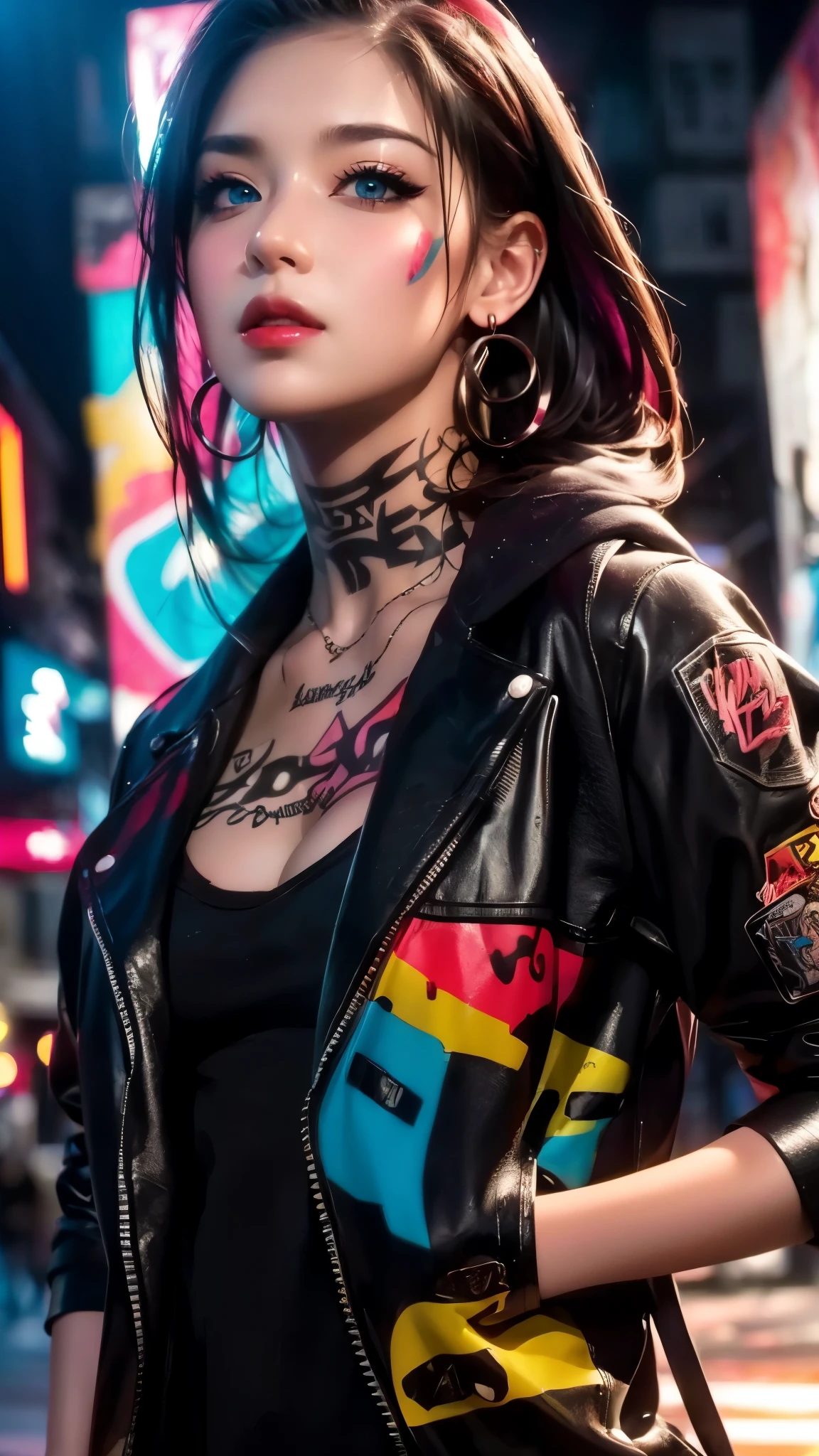 dramatic lighting, vibrant colors, urban street art, high quality render, detailed facial features, expressive eyes and lips, dynamic pose, graffiti backdrop, energetic atmosphere