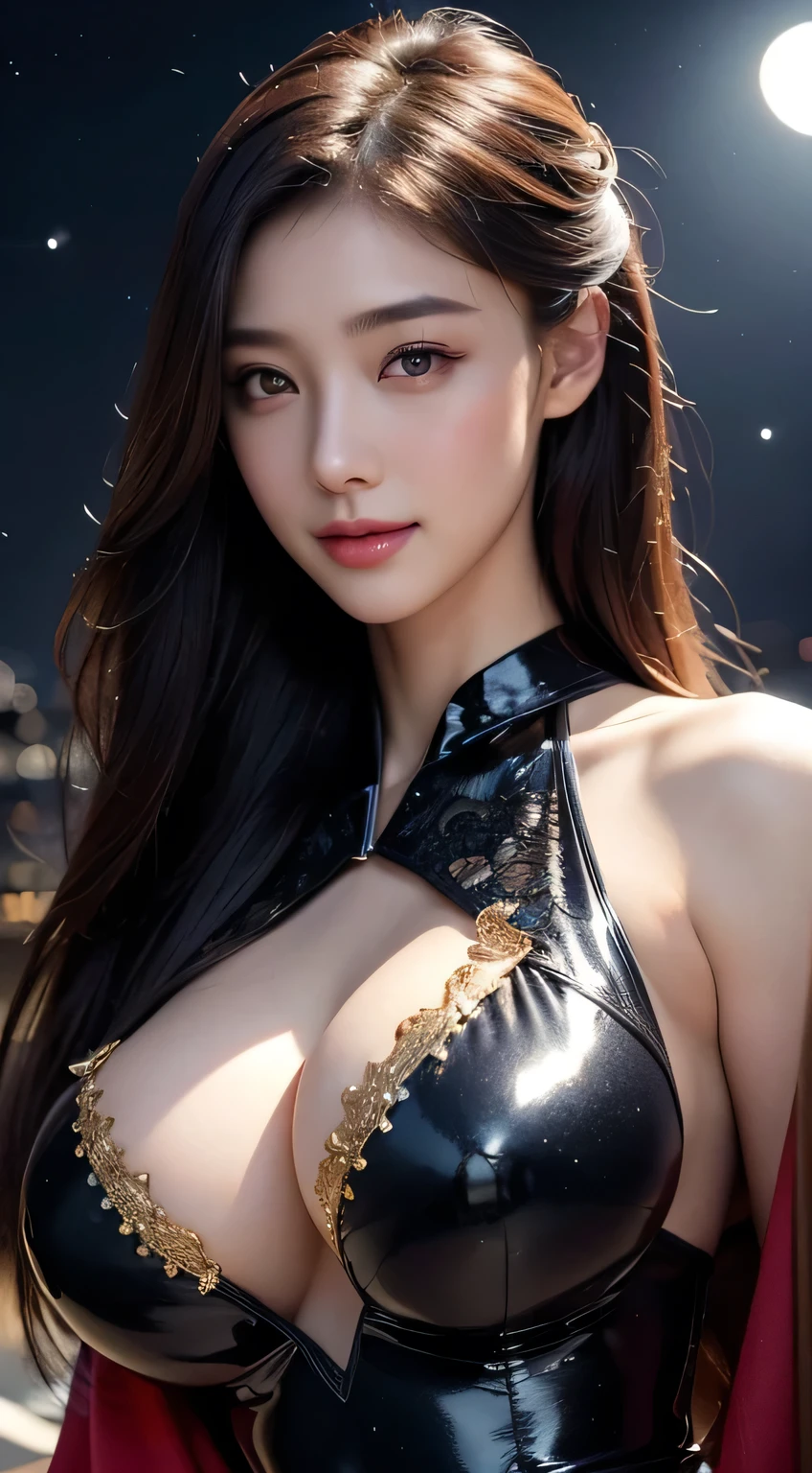Kimono beauty, body portrait, 8k, thin and beautiful eyes, Dindal effect, masterpiece, top quality, high quality, high resolution, very detailed photo, (natural skin texture, fine skin, hyper realism, super sharpness) , high detail skin, (very fine, fine skin texture, intricate details, beautiful face, (real-like face), realistic eyes, beautifully detailed eyes, realistic skin, beautiful skin, surreal, Highly detailed, golden ratio, smiling eyes, ((night moonlight background)), body portrait, G cup, big breasts, huge breasts, big breasts, glamorous, shiny bodysuit