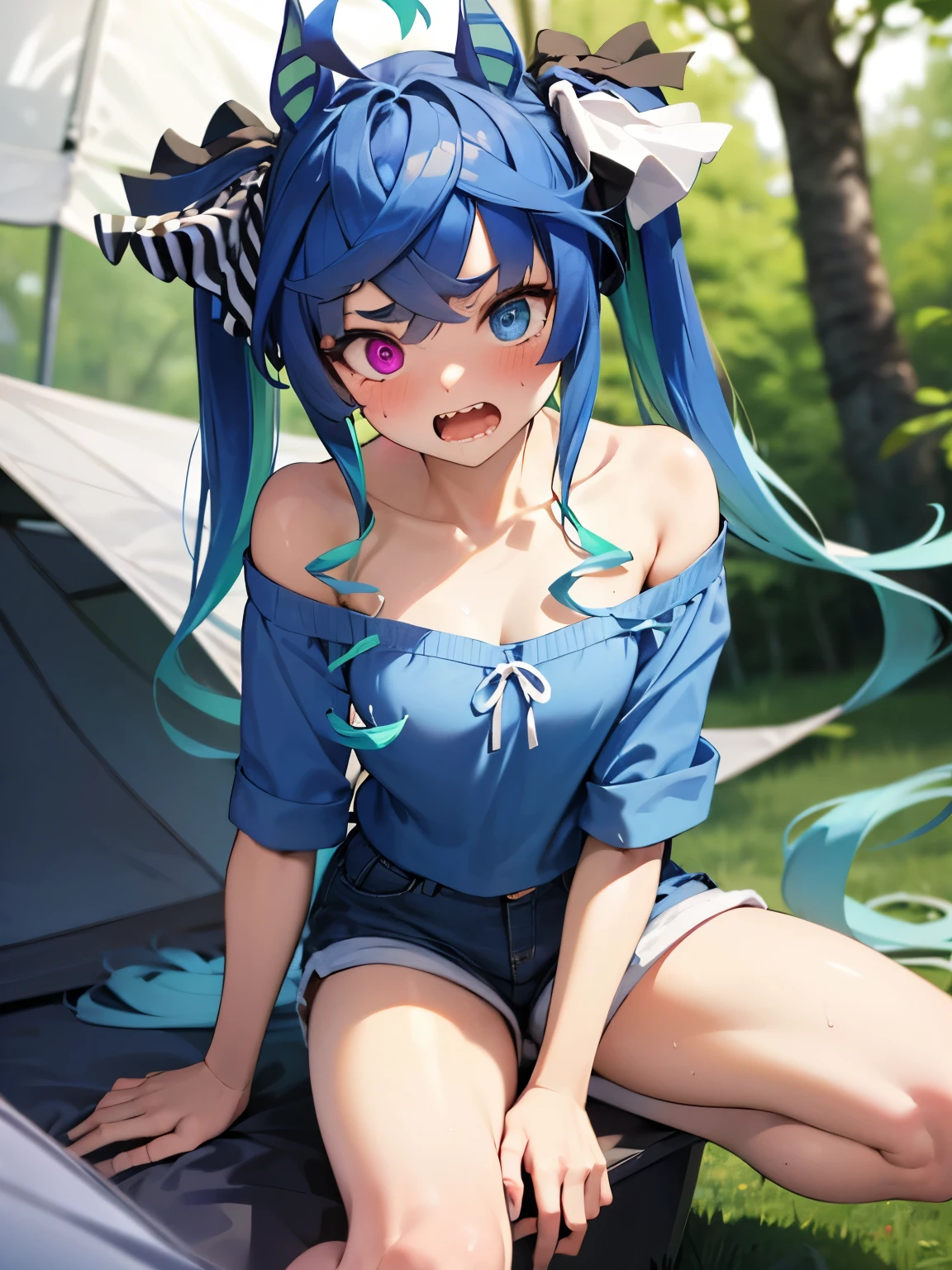 NSFW,Twin_Turbo_Umamusume,Light blue hair、Twin tails、Heterochromia、Purple Eyes、blue eyes、Sharp teeth,(Cropped shirt:1.3),(Off the shoulder:1.3),(High leg shorts:1.3),Embarrassed,blush,(Perfect hands),(Perfect Anatomy),(masterpiece),(highest quality),Outdoor,In the forest at night,tent,One man,Having sex,Embarrassed,blush,In heat,A wistful look,I feel pleasure,(orgasm:1.3),Having sex,Creampie,Wide-eyed,Cross-eyed