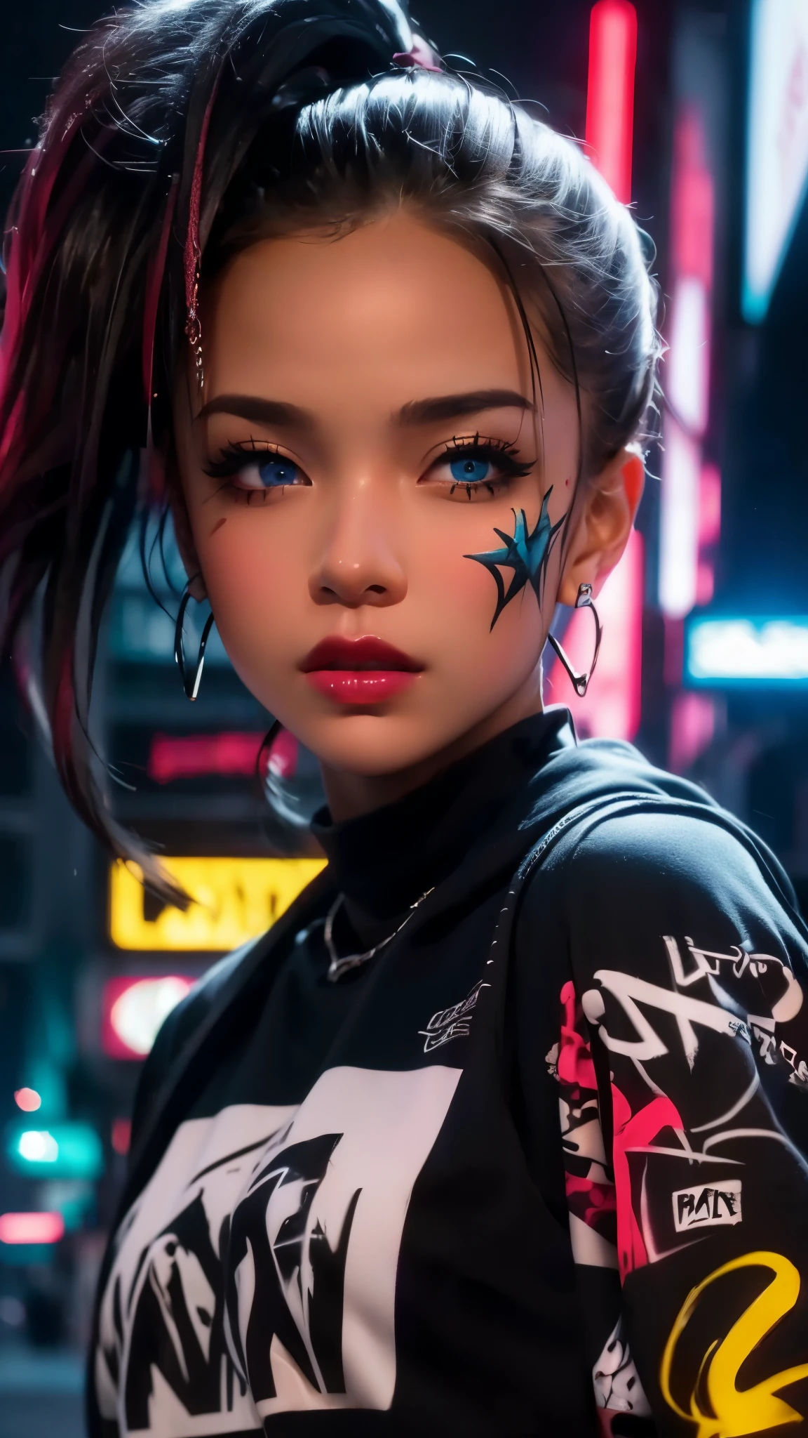 dramatic lighting, vibrant colors, urban street art, high quality render, detailed facial features, expressive eyes and lips, dynamic pose, graffiti backdrop, energetic atmosphere