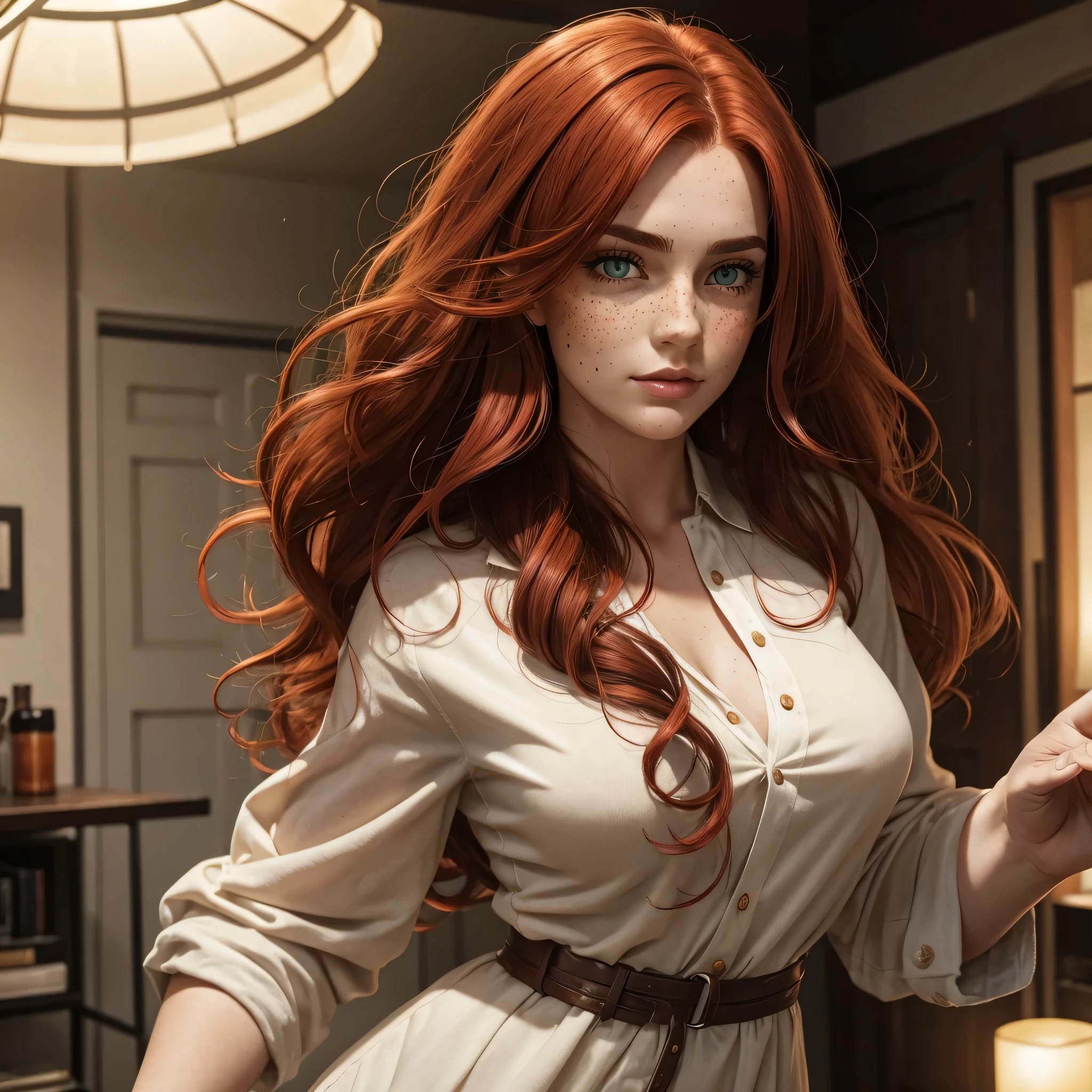 A handsome irish woman in her early 20s. she has long, loosely waved red hair in0 a casual style, with a few strands falling naturally over her forehead. her green eyes stand out on her elegant face – high cheekbones, a dusting of freckles over her nose, thick groomed eyebrows, and a rounded smooth jawline, sexy outfit, whole body