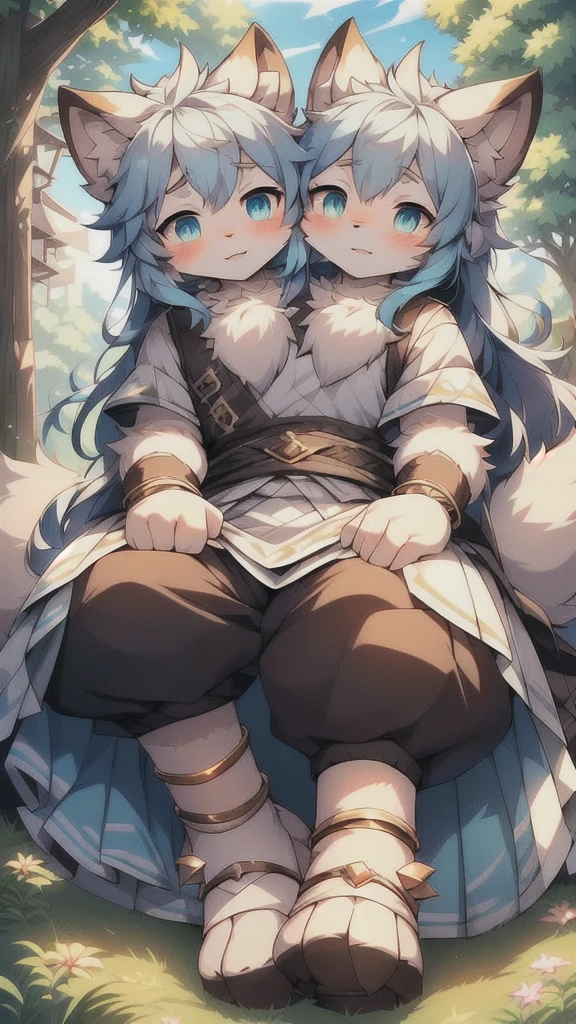 Niji, (1 boy:1.4), (JW3), Cat Boy, (hairy:1.5), Light blue fur, Body hair, (Thick thighs:0.5), (whole body:1.1), Perfect lighting, (masterpiece), (ultra deTailed), Eye contact, blush, Long hair,White clothes,Looking at the audience, Solitary,Pants, Tail, Long skirt,Anklets,outdoor, outdoor,The Peak, Ultra HD,rest, 九条Tail,(((two_heads)))