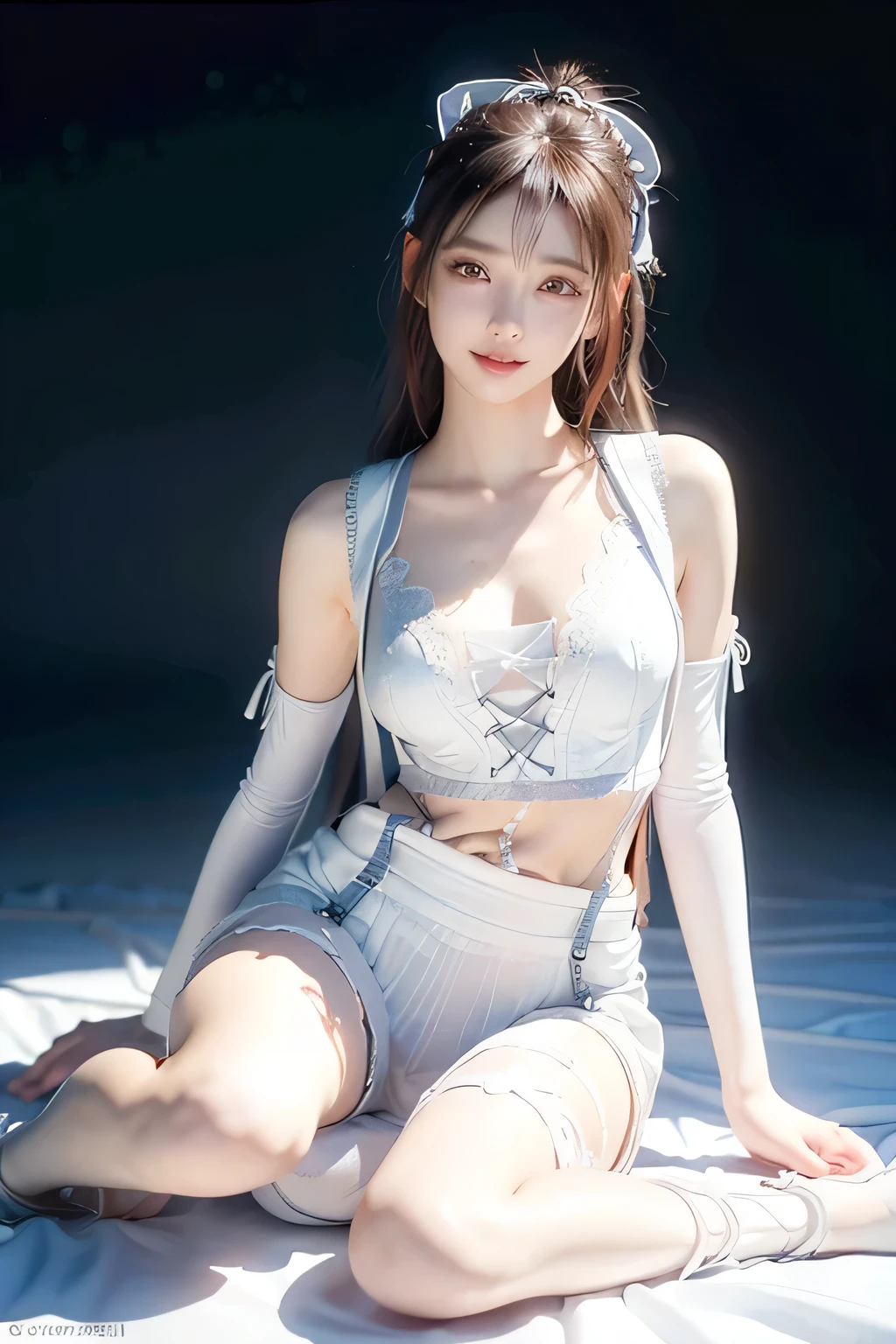 An innocent 20-year-old girl, (white Lace-Up Suspender Bodystocking:1.5), (barefoot), (Dramatic Pose),smile, (High Ponytail),natural Park、RAW Photos, (8k, highest quality, masterpiece:1.2), (Intricate details:1.4)、(Photorealistic:1.4), Octane Rendering, Complex 3D rendering with ultra-detail, Studio Soft Light, Rim Light, Vivid details, Super Detail, Realistic skin texture, Detailed aspect, Beautiful details in the eyes, Highly detailed CG Unity 16k wallpaper, compensate, (Detailed Background:1.2), Glowing Skin, whole body, ((thin legs)), small waist, Cleavage, (looking at viewer:1.2)