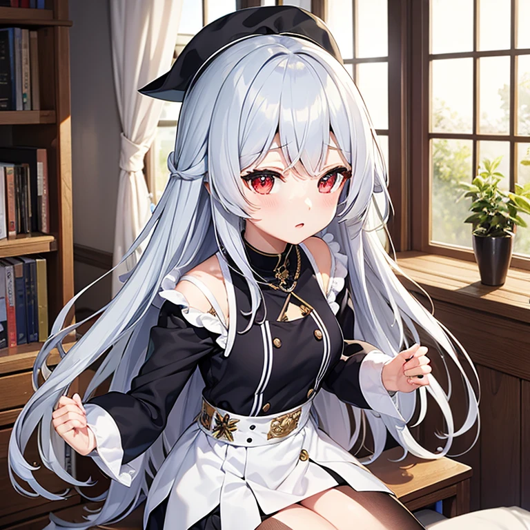 highest quality、High resolution、masterpiece、Anime characters、girl、Silver Hair、Red Eye、mini skirt、Looks sleepy、Bedroom