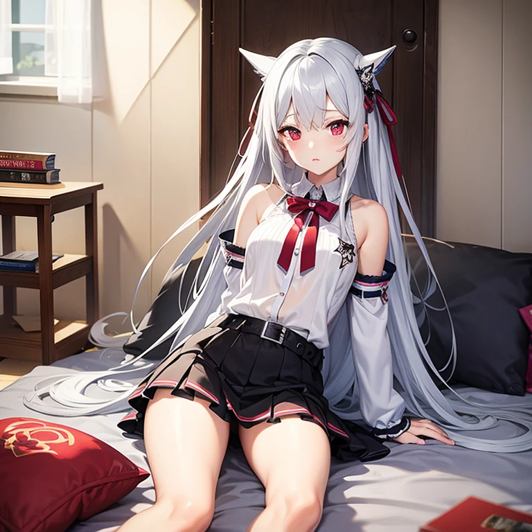 highest quality、High resolution、masterpiece、Anime characters、girl、Silver Hair、Red Eye、mini skirt、Looks sleepy、Bedroom