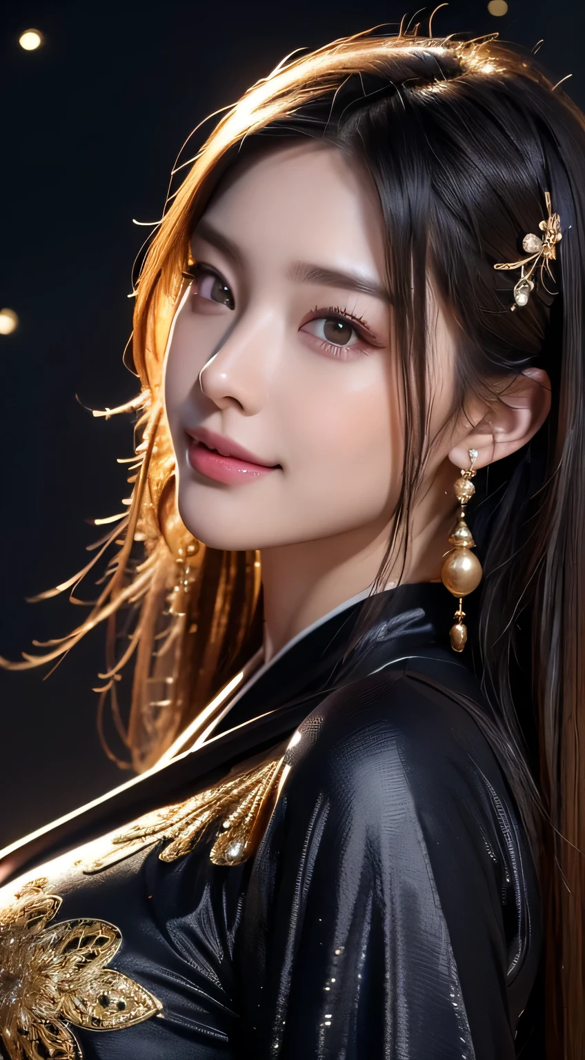 Kimono beauty, body portrait, 8k, thin and beautiful eyes, Dindal effect, masterpiece, top quality, high quality, high resolution, very detailed photo, (natural skin texture, fine skin, hyper realism, super sharpness) , high detail skin, (very fine, fine skin texture, intricate details, beautiful face, (real-like face), realistic eyes, beautifully detailed eyes, realistic skin, beautiful skin, surreal, Highly detailed, golden ratio, smiling eyes, ((night moonlight background)), body portrait, G cup, big breasts, huge breasts, big breasts, glamorous, shiny bodysuit