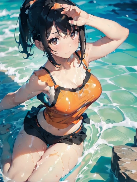 Orange swimsuit(camisole,Soaked with slimy liquid:1.4),Navy blue shorts(Soaked with slimy liquid:1.4),(All fours pose:1.1),Big Breasts,