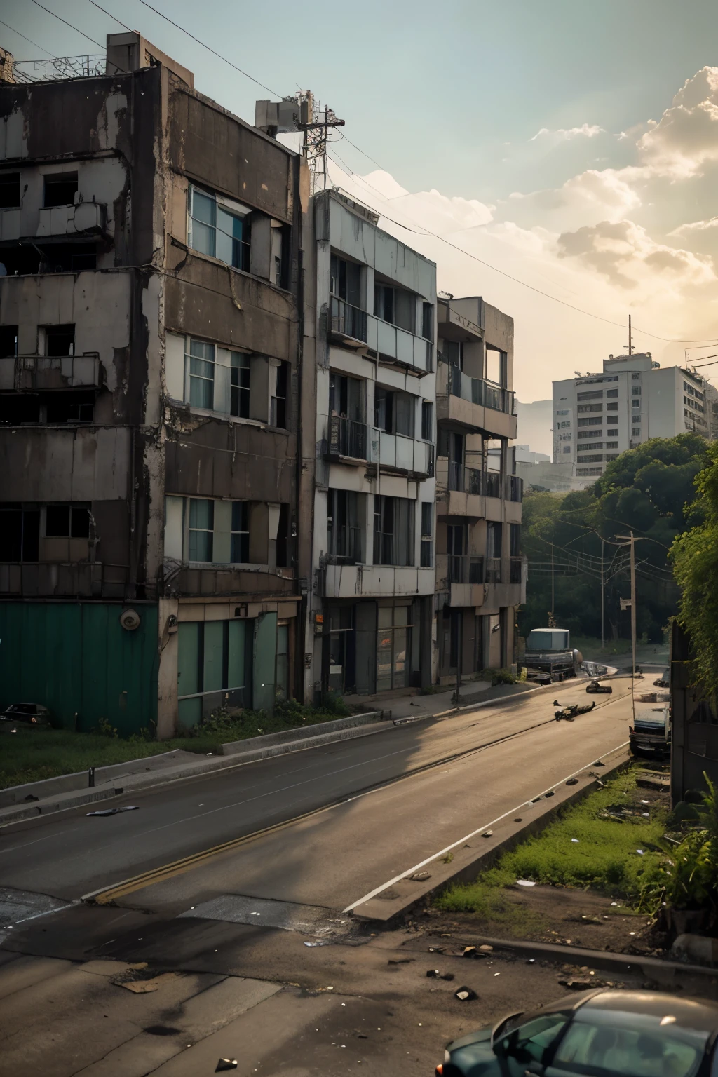 abandon city, shabby road with old abandon buildings, with massy creeper planted on the building and road, various plants, scrap abandon cars, Viewed from road, a real scene --ar 3:4 --s 250 --v 6.0, horror, sci-fi, photography,