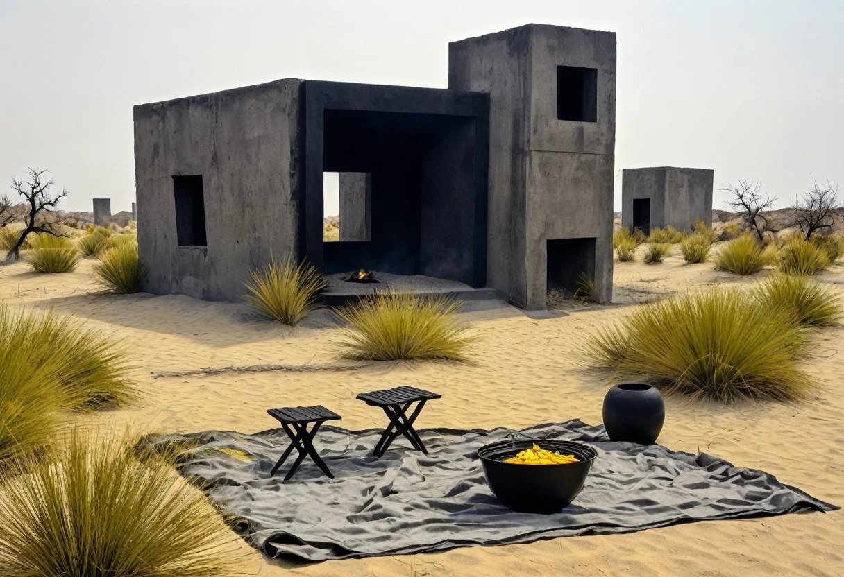 Desert, sand, dry grass, green clearing, disembodied spirits, picnic, gray fire, ruins, dryness, mirage, heat, antiquity, mystery, minimalism, charcoal, clarity, palette of yellow and gray and black colors, modern art, in detail, avant-garde, illusion, surrealism, volume