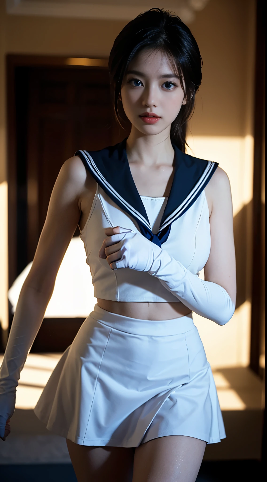 (CG Unity 16K wallpaper with extreme detail, masterpiece, highest quality), (exquisite lighting and shadow, highly dramatic picture, cinematic lens effect), (Sailor Moon: 1.1), double tail, blue eyes, white gloves, mini skirt, dynamic pose), (excellent detail, excellent lighting, wide angle), (excellent rendering and excellent rendering),Front lighting of a person,