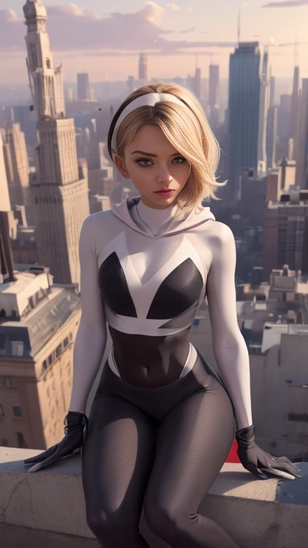 (Highly quality, masterpiece, detailed), city detailed scenario, city detailed background, solo, Gwen, blonde hair, multicolored hair, short hair, hairband, crop top, web-print, hood down, gloves, navel, sitting on top of a building, perfect face, beautiful eyes, look at the viewer, Sexy pose