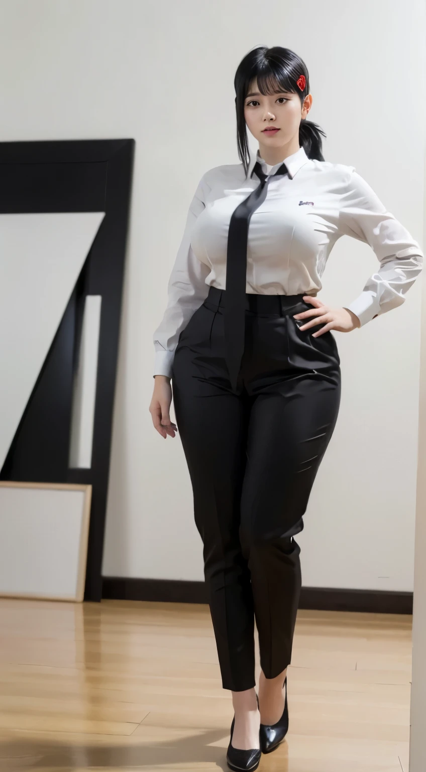 Highest quality、Ultra-high resolution、Professional Lighting、Detailed Background、workroom、full body,Kobeni-chan、A sloppy smile、25-year-old woman、beautiful girl、(Kobeni-chan、Jet black hair, Black Hair, bangs, One-sided hair,)、(Red Hair Clip:1.1)、(White shirt:1.2)+(Black tie:1.2)+(black long pants for work:1.2)、(Huge breasts that look like they might burst:1.2)、(Big thighs:1.1)、Are standing、Model pose