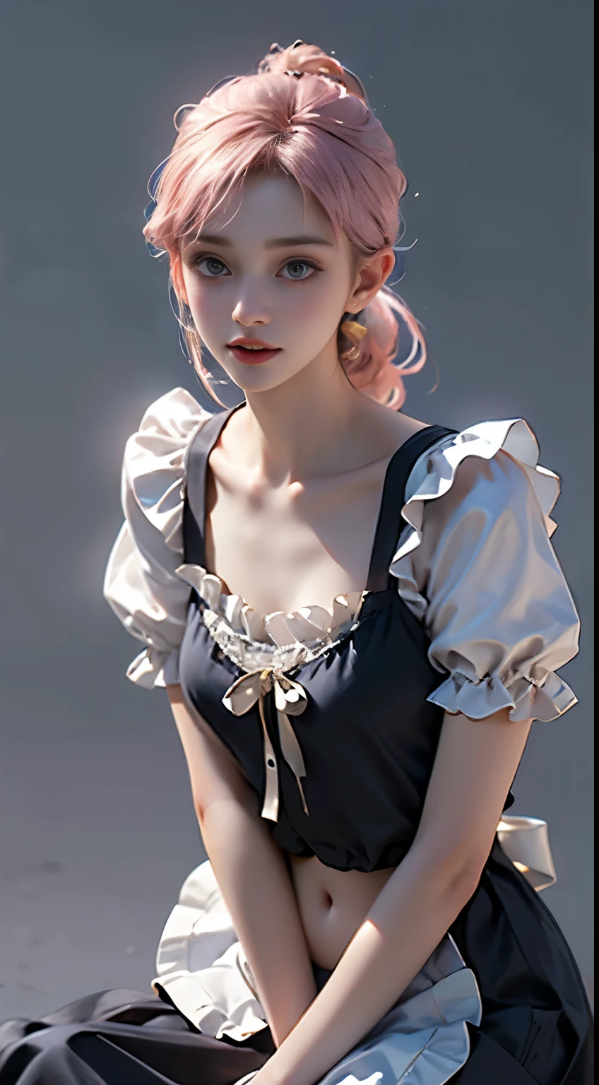 Top quality, Masterpiece, Ultra-high resolution, (Photorealistic: 1.4), RAW photo, 1 girl, English maid, Ruffled maid headband, pony tails, Braided hair, Ruffle blouse, Ribbon Ties, aprons, Long skirt, Puff sleeves, White silk ankle socks,frilld, Glowing skin, No gray background, Flowers, crouched,Slightly upturned eyes,The belly button and the surrounding area are exposed,Light pink underwear,Thin cotton underwear,Small Hips,Small waist,Thin legs,