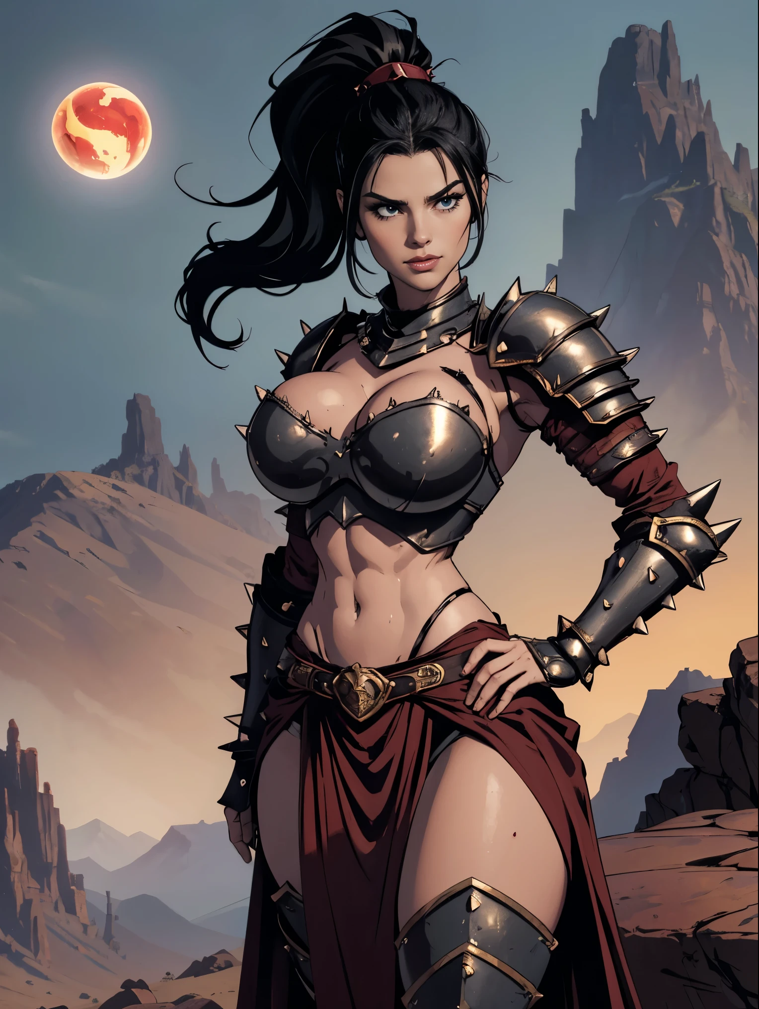 (masterpiece, top quality, best quality, official art, beautiful and aesthetic:1.2), (1girl:1.3), ((Sharp facial features, sharp features, hawkish features)), ((big hair, long black hair, ponytail)), big tiddy chaos warrior girl, extremely detailed, portrait, looking at viewer, solo, (full body:0.6), detailed background, full-body shot, (hot desert mountain theme:1.1), chaos warrior, (spiky helmet), charlatan, smirk, mysterious, swaying in mountains, armor, red metal, brass trim, long boots, dual axes, blood red fabric, pelvic curtain, loincloth, black leather, ((((spiky armor, bulbous heavy armor, blood, armored, gigantic breasts, long legs, pelvic curtain, toned, muscular)))), cute belly button, toned tummy, slim waist, slim hips, long legs, medieval (mountain exterior:1.1) background, dark mysterious lighting, shadows, magical atmosphere, dutch angle