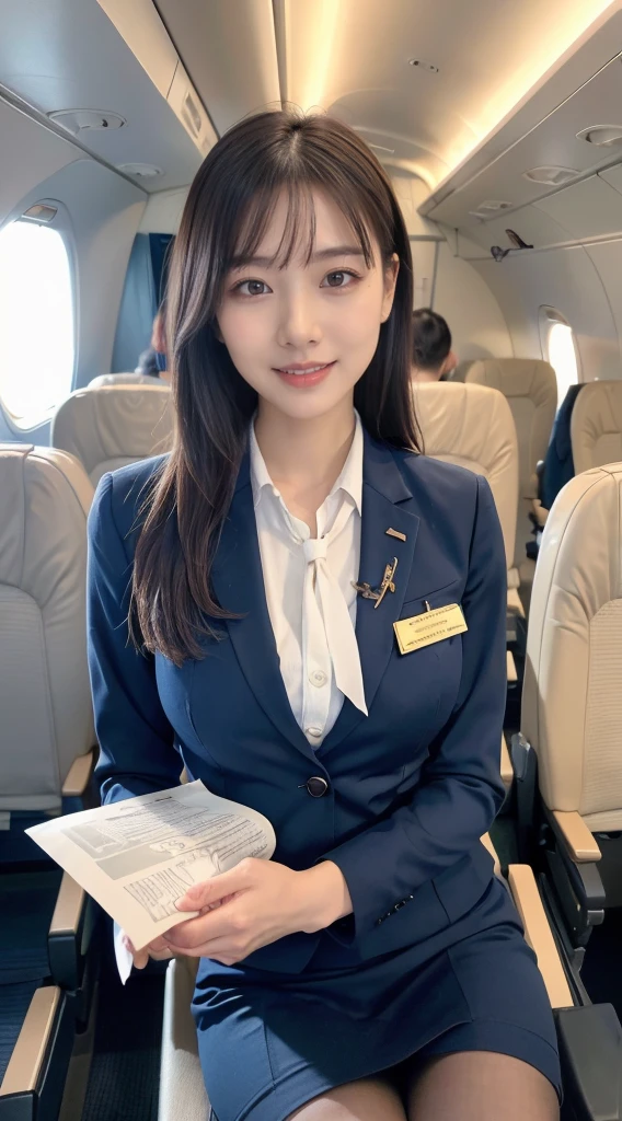 (8K, best quality, masterpiece:1.2), (realistic, photo-realistic:1.37), (high color saturation:1.0), (highly detailed skin), (highest quality:1.0), (ultra high resolution:1.0) ,(realistic:1.0), (Super detailed:1.0), (8K, Raw photo:1.1)、standing random pose, smiling, natural breast, perfect lighting, 3girls, 24years old, (mysterious), clear and detailed, ((ANA_Cabin Crew, blue flight attendant_uniform)), beige pantyhose, (aircraft, aircraft seats), cute face, squat , (pick up handkerchief),