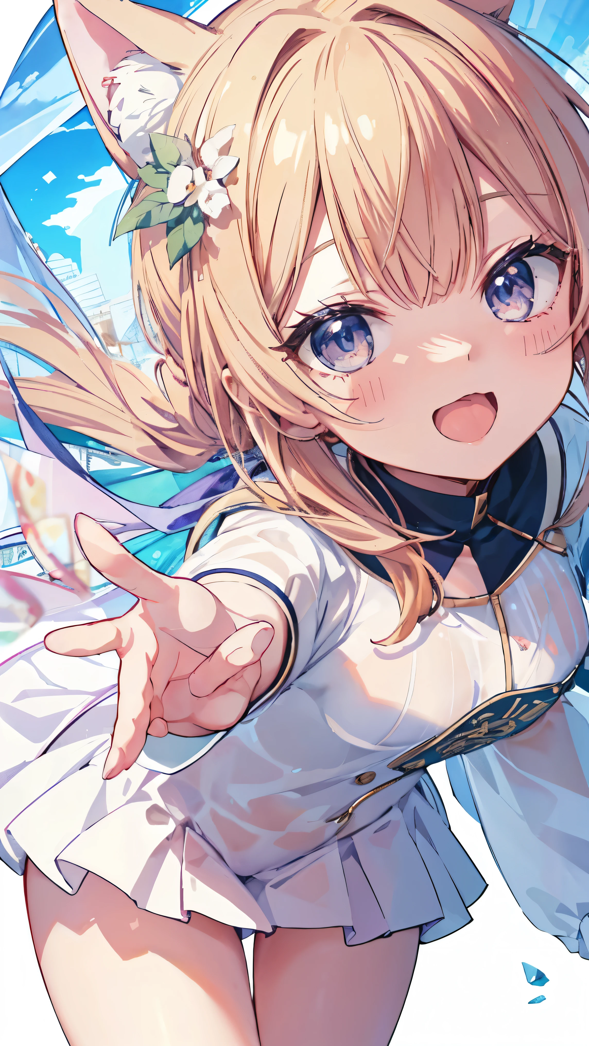 Masterpiece、Highest quality、highest quality、((((Transparency))))、(Open Mouth Smile)、Shiny hair quality、Small face、Dynamic pose、Super detailed, beautiful, wide eyes、Ultra-detailed, clear and beautiful faces、(cute illustration:1.2), High-resolution, ultra-detailed, best quality, embarrassed、Thighs