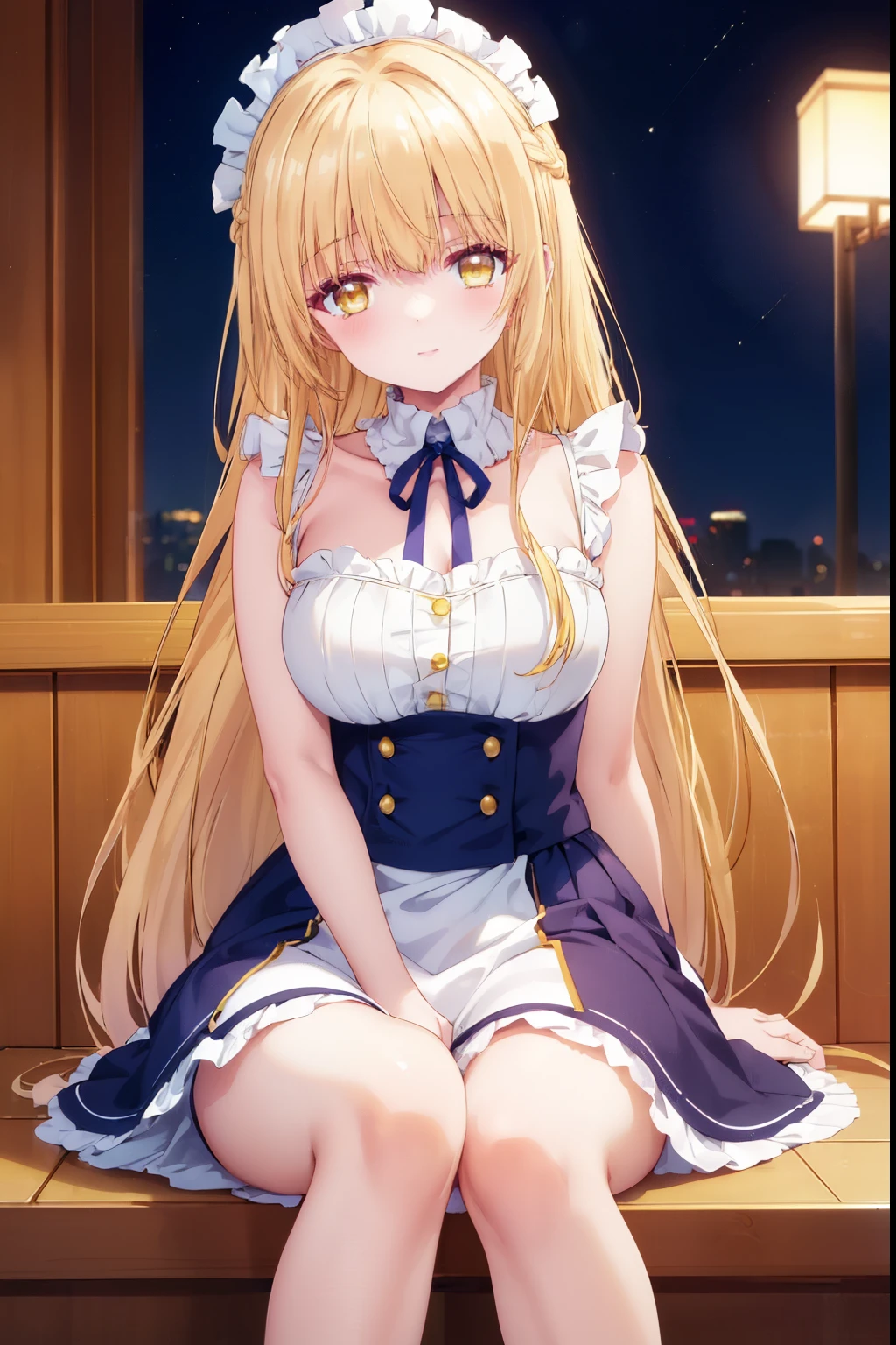Mahiru shiina, , blonde, (Yellow Eyes:1.3)、Braided long hair,,blush,smile,night、Captivating thighs、Beautiful bare legs, Sideways armpit、Shoulder Bare、The clavicle is visible、Shoulder Bare、Sexy maid outfit、Maid
(masterpiece:1.2), highest quality, High resolution, unity 8k wallpaper, (shape:0.8), (Beautiful and beautiful eyes:1.6), Highly detailed face, Perfect lighting, Highly detailed CG, (Perfect hands, Perfect Anatomy),