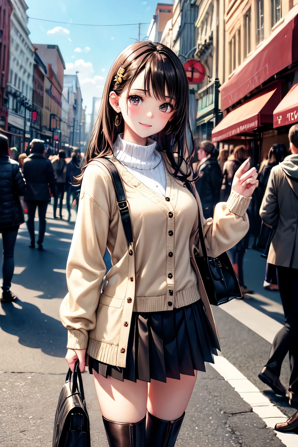 very cute and beautiful girl,,(highly detailed beautiful face and eyes),white blouse, (smile),blush,cowboy shot,looking at viewer, (beige cardigan,long sleeve:1.2) BREAK zettai ryouiki,brown shoulder bag,(brown boots), stylish pose,hair ornament,black hair,(pleated black mini skirt:1.2), standing in front of cake shop show window,downtown street,crowd,people, (best quality,masterpiece),absurdres,highres,ultra-detailed,extremely detailed,32k,8k resolution, intricate details,cinematic scene,detailed background,solo,dynamic angle, natural lighting,hair fluttering in the wind,beautiful detailed sky,perfect hands,