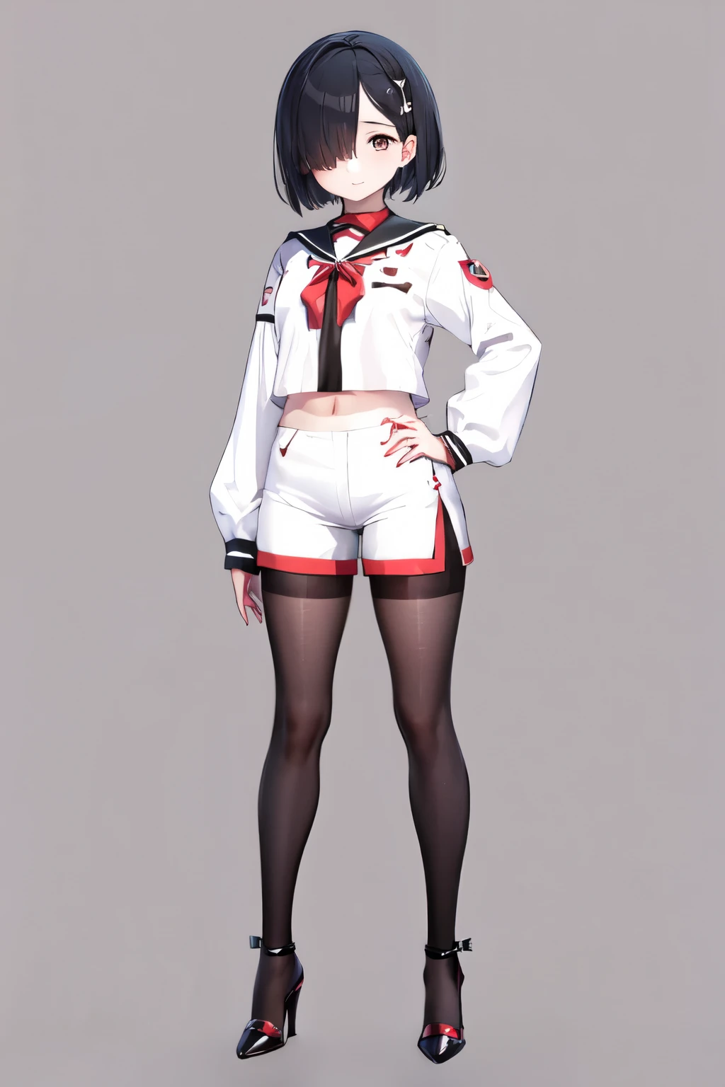 low length Young Girl Short hair with one eye covered Slanted Eyes black tights whole body Inner color red front Character portrait Are standing child Young Shorts High heels Belly button White clothes infant Height 80cm