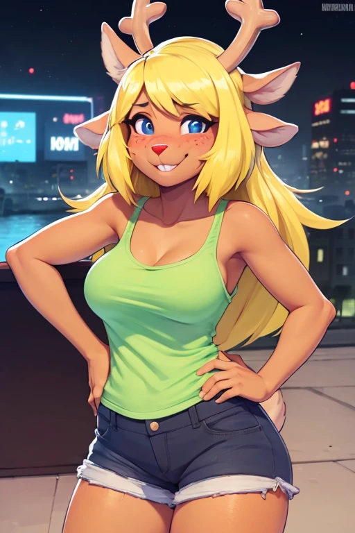(noelle, furry female anthro, blonde hair, deer girl, red deer nose, white eyes, white pupils, tank top, jean shorts, big breasts), blushing, hands on hips, wide hips, green neon city, smiling