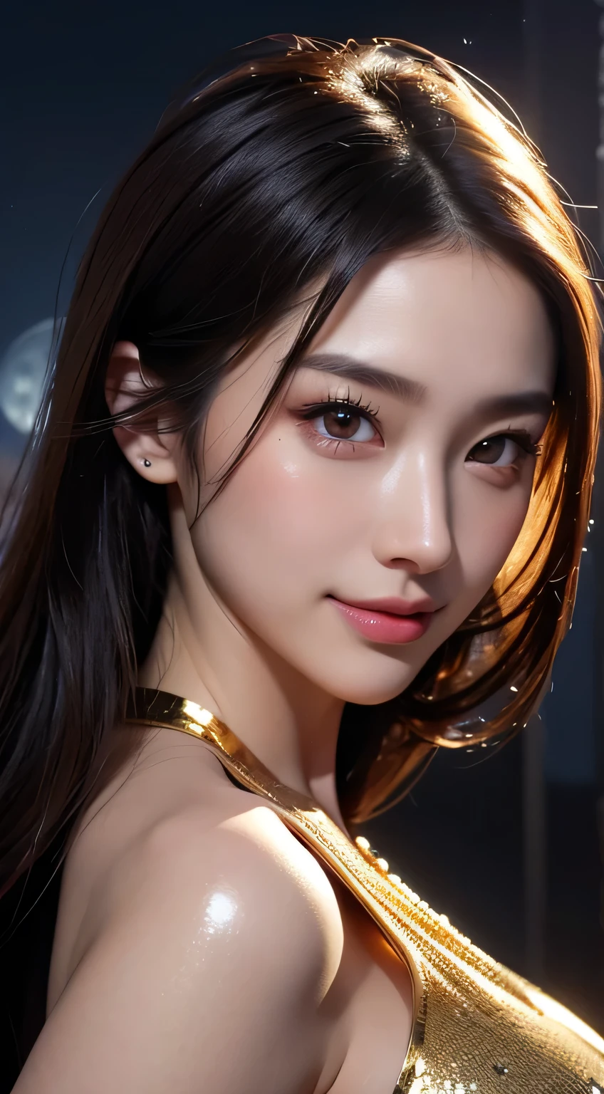 Kimono beauty, body portrait, 8k, thin and beautiful eyes, Dindal effect, masterpiece, top quality, high quality, high resolution, very detailed photo, (natural skin texture, fine skin, hyper realism, super sharpness) , high detail skin, (very fine, fine skin texture, intricate details, beautiful face, (real-like face), realistic eyes, beautifully detailed eyes, realistic skin, beautiful skin, surreal, Highly detailed, golden ratio, smiling eyes, ((night moonlight background)), body portrait, G cup, big breasts, huge breasts, big breasts, glamorous, shiny bodysuit