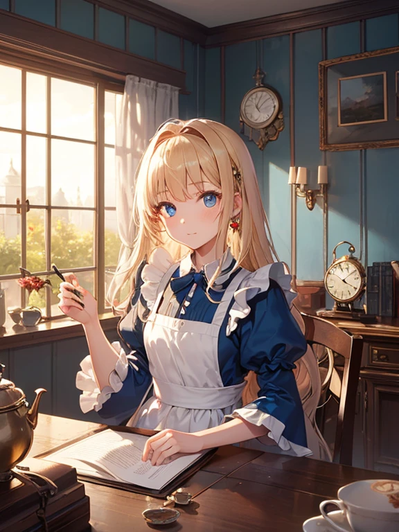 (8k, highest quality, Tabletop:1.2)、Ultra-high resolution、Alice in Wonderland, One 12-year-old girl, Detailed face、blue eyes, Blonde, Long Hair, Blue Dress, White apron, Clothes with bulging sleeves, A room full of clocks, Tea party
