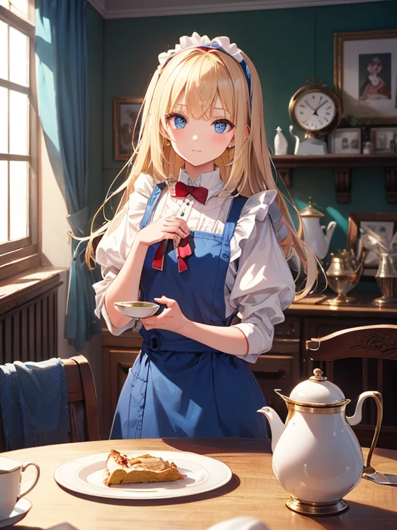 (8k, highest quality, Tabletop:1.2)、Ultra-high resolution、Alice in Wonderland, One ****************, Detailed face、blue eyes, Blonde, Long Hair, Blue Dress, White apron, Clothes with bulging sleeves, A room full of clocks, Tea party