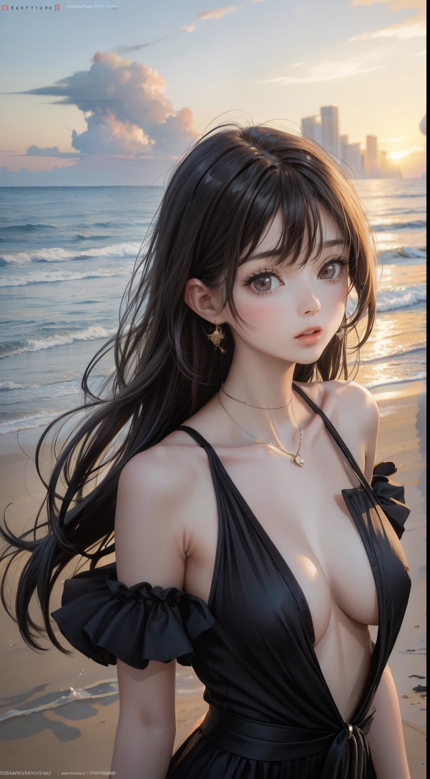 Beach,Black Hair,Straight hair,Black Dress,Nipples,smoking,Super high quality,masterpiece,super high quality,Ultra-high resolution,Best image quality,Top class,最high quality,Highest Resolution,high quality,beautiful,beautiful,high quality,Genuine texture,Genuine,8k,detailed,Two-dimensional beautiful girl