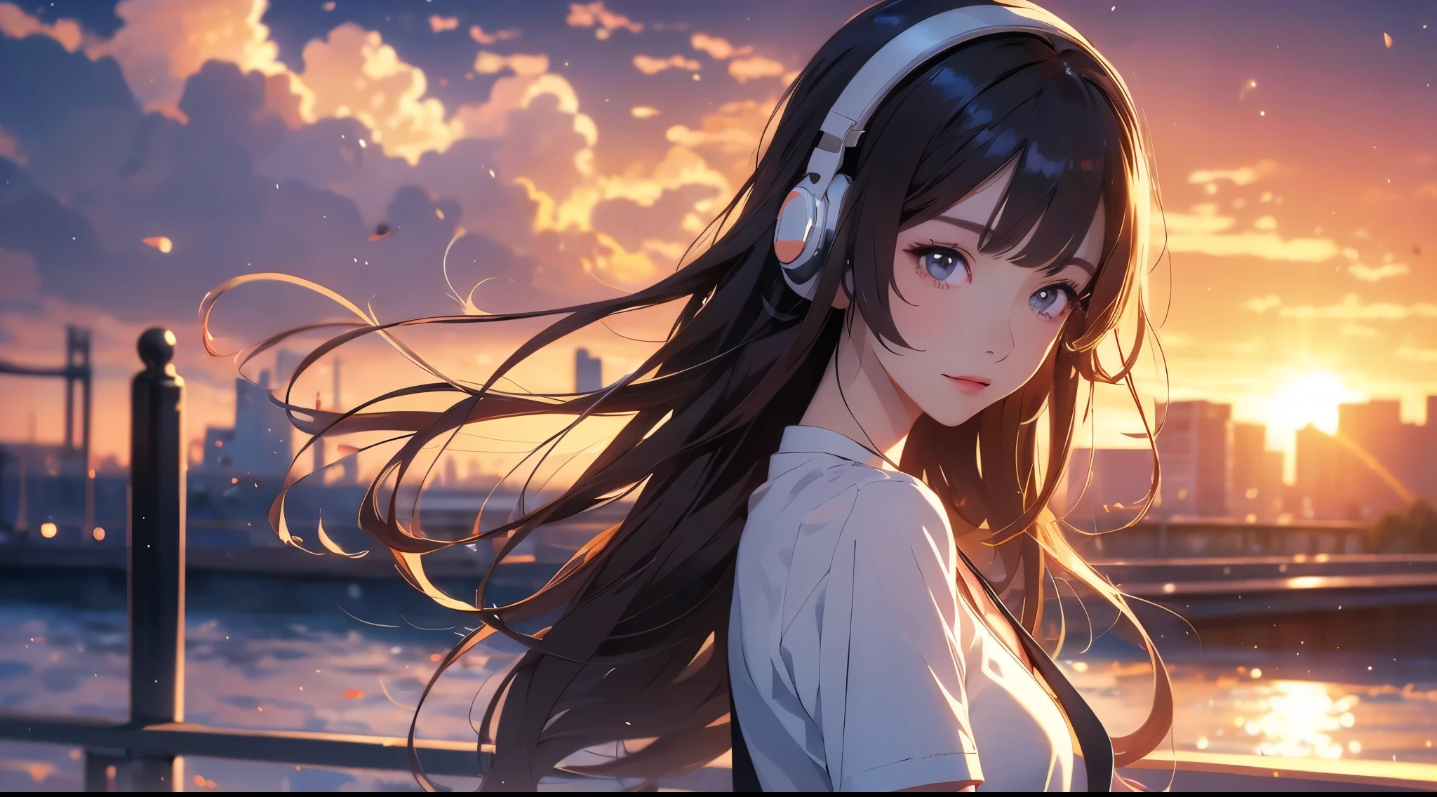 ヘッドホンをしてRiver dyed in the sunsetを眺めているアニメの女の子, Evening River, Anime Style 4k, Girl with headphones, River dyed in the sunset, anime art wallpaper 4k, anime art wallpaper 4k, Anime Art Wallpapers 8K, LOFI Girl, Summer evening, Wearing a white T-shirt, Summer concept art, Digital anime illustration, Anime atmosphere, 4k anime wallpaper