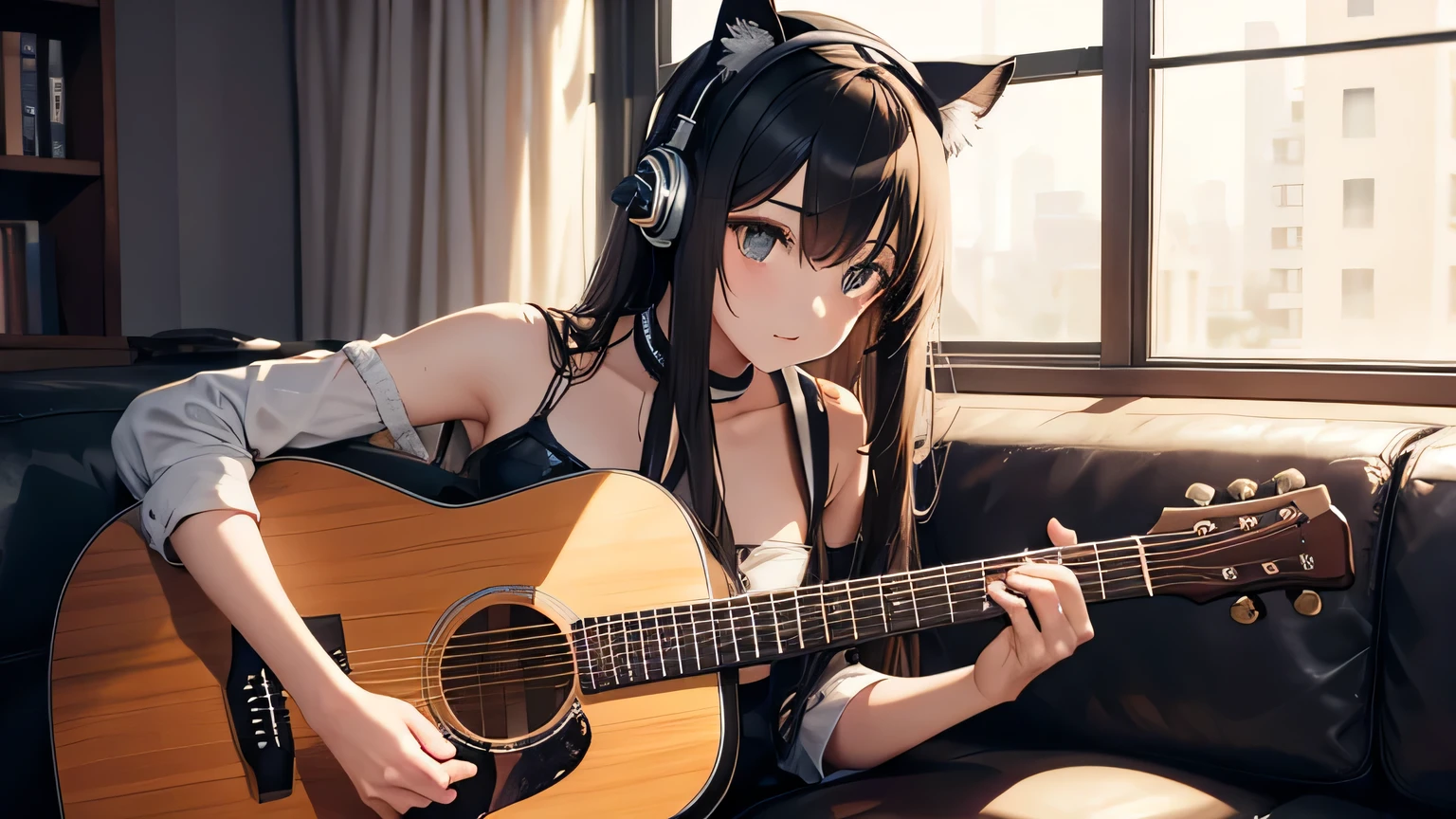Beautiful girl with cat ears and headphones playing an acoustic guitar、Leather sofa、studio、indirect lighting、Cool gaze