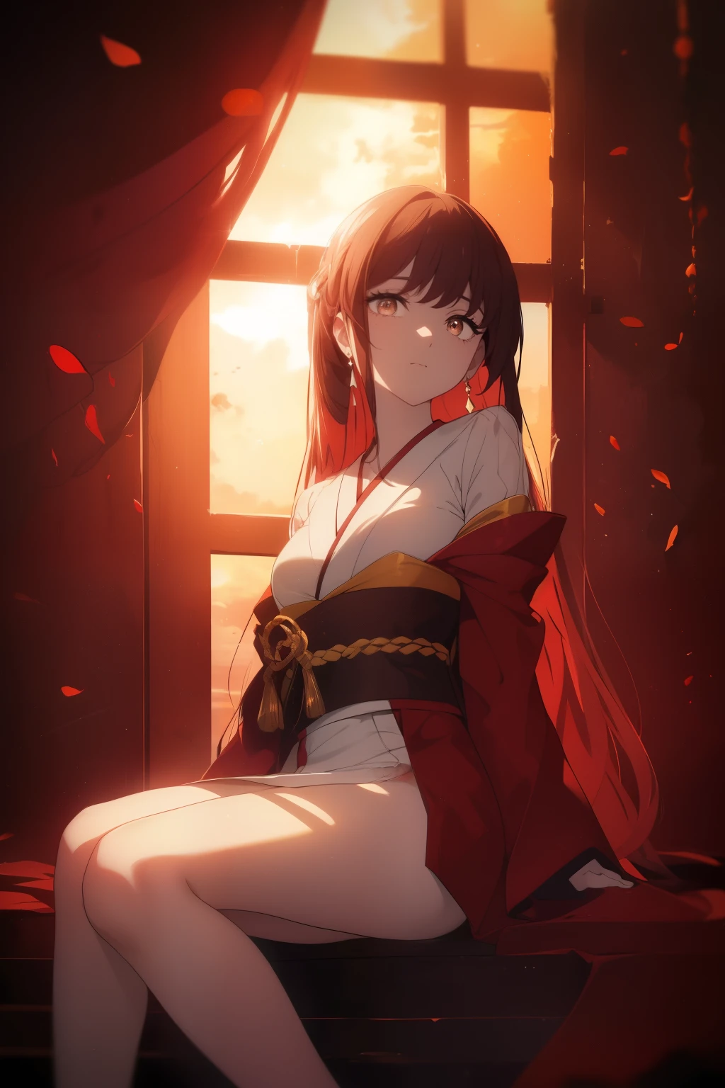 ((((Obra maestra, La mejor calidad, ultrahigh resolution)))), 1girl, sitting on steps outside, ((wearing a red kimono)), long hair cut, pale skin, ((brown eyes)), (glowing_eyes, luminescent eyes), (ultra detailed eyes:0.7, beautiful and detailed face, detailed eyes:0.9), ((centered)), smile, ((wide shot)), facing viewer, (((vibrant background of outside, sunset, bright lighting, summer, sunlight))), flat chested, looking at viewer, ((perfect hands)), ((head:1, hips, elbows, arms, in view)), ((hands behind back)), beautiful lighting, defined subject, (13 years old), ((cool looking)), ((slight breeze in hair, vintage sun glare))