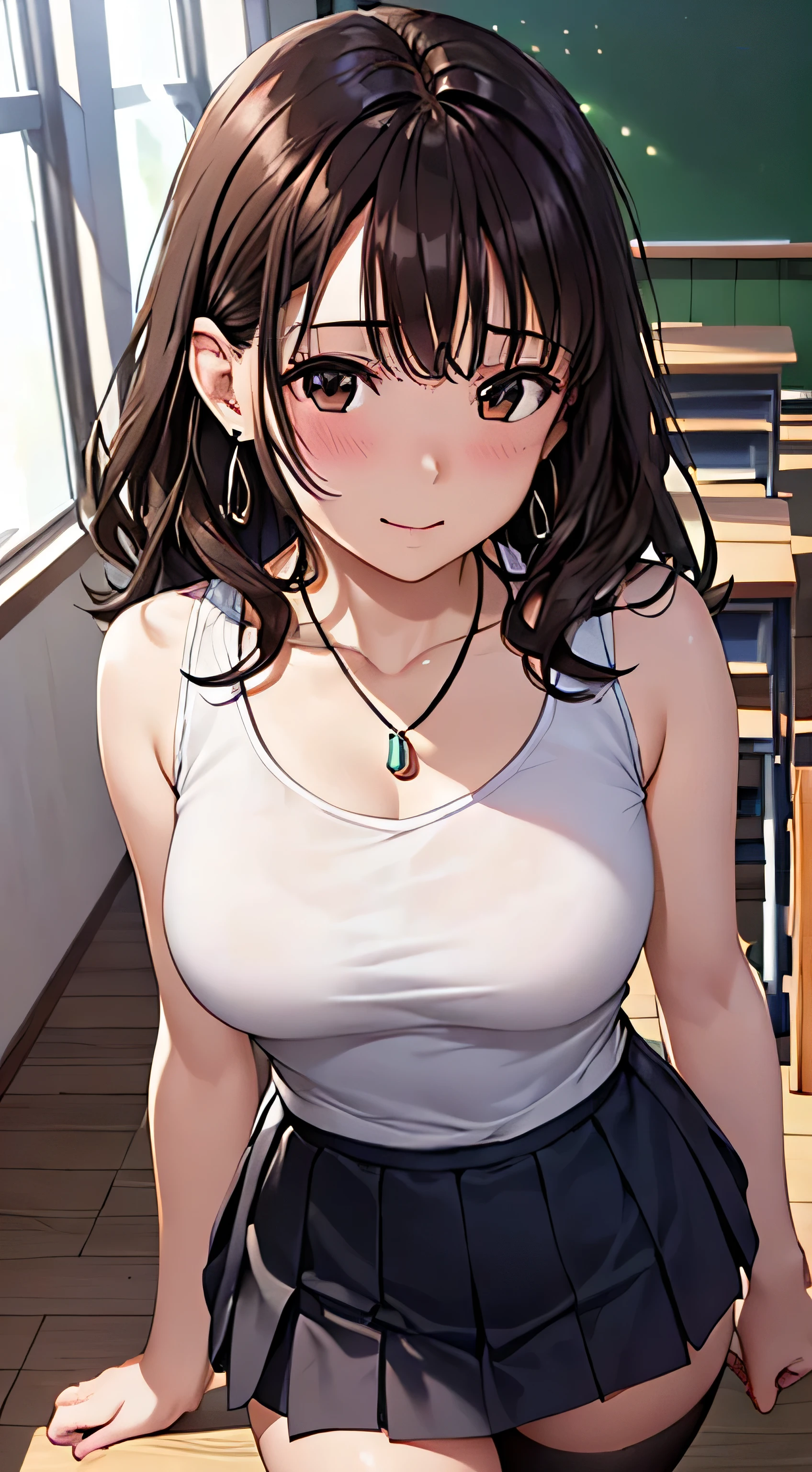 (Tabletop, highest quality, High resolution, , Perfect Pixel, 4K,), 1 girl, single, alone, Beautiful woman、I could see the whole body、 ((Wavy mid-length hair, bangs, Brown Hair)), ((Brown eyes, Beautiful eyelashes, Realistic eyes)), ((Detailed face, blush:1.2)), ((Smooth texture:0.75, Realistic texture:0.65, Realistic:1.1, Anime CG Style)), Medium Chest, Dynamic Angle, Perfect body, female teacher、((, White sleeveless top、Long pleated skirt、Black Stockings、Cute Necklace、Earrings、)), look up、A shy smile、Accentuate your breasts、Put your hands behind your back and stick out your chest、)、Angle from below、classroom、、、