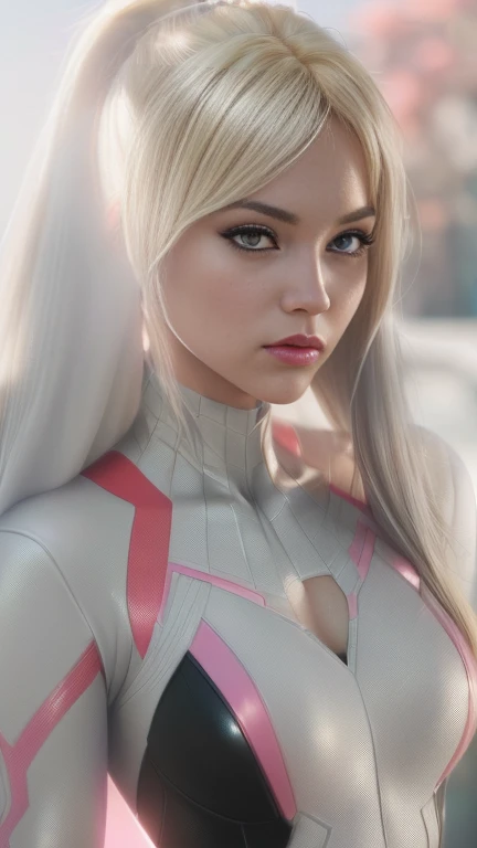 (RAW, analogue, Nikon Z 14mm ultra wide angle lens, award-winning glamor photography, ((best quality)), ((masterpiece)), ((realistic)), skin pores, subsurface scattering, light rays radiant, high resolution, detailed facial features, great detail, sharp focus, soft, aesthetic, extremely detailed, ((light gray eyes)), makeup, ((extremely detailed eyes, extremely detailed iris)), extremely detailed hair, (small breasts), ((proportionate body)), extremely detailed skin, extremely detailed clothing, octane rendering, photorealistic, realistic, post-processing, maximum detail, realistic shadows, roughness, texture natural skin, real life, ultra realistic, photorealism, photography, 8k UHD, photography, hdr, intricate, elegant, highly detailed, sharp focus, stunning, beautiful, gorgeous, beautiful and realistically detailed 22 year old girl like Marvel's Spider-Gwen, ((in Gwen's 70%White, 20%black and 10%pink Spider suit)), soft red painted lips, ((blonde hair)), ((high ponytail)), full body visible, realistic skin, photorealistic and realistic cinematic shot (extremely detailed CG unity 8k wallpaper), trending on ArtStation, trending on CGSociety, high detail , sharp focus, dramatic and beautiful background, full shot, high quality, (beautiful face), (detailed face), detailed hands, beautiful hands.
