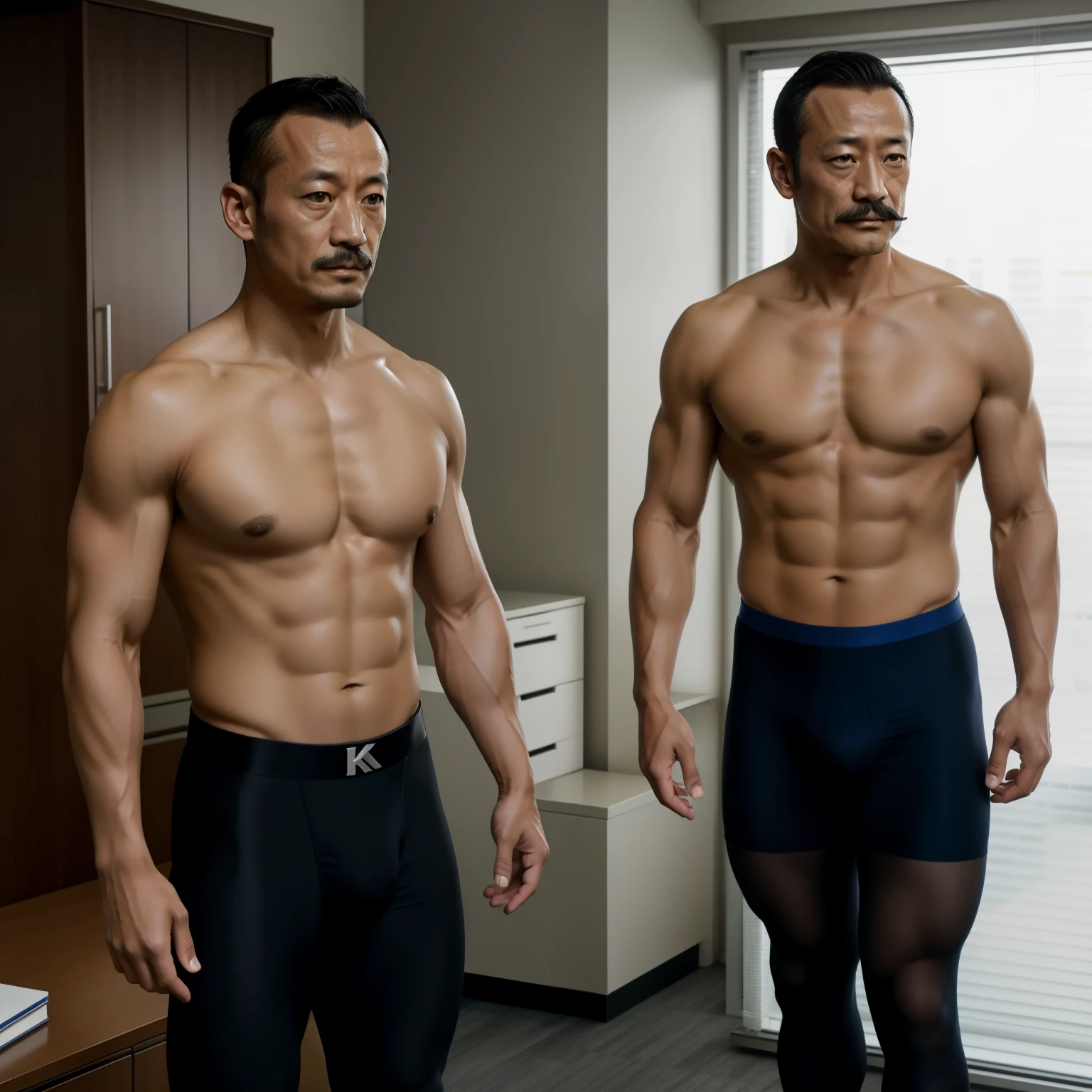 45 years old，Hidetoshi Nakata ，（Death of Kogoro 1.3），Office，Black socks，with a thick mustache，Two muscular men standing，Shirtless，Tights，underwear，blue