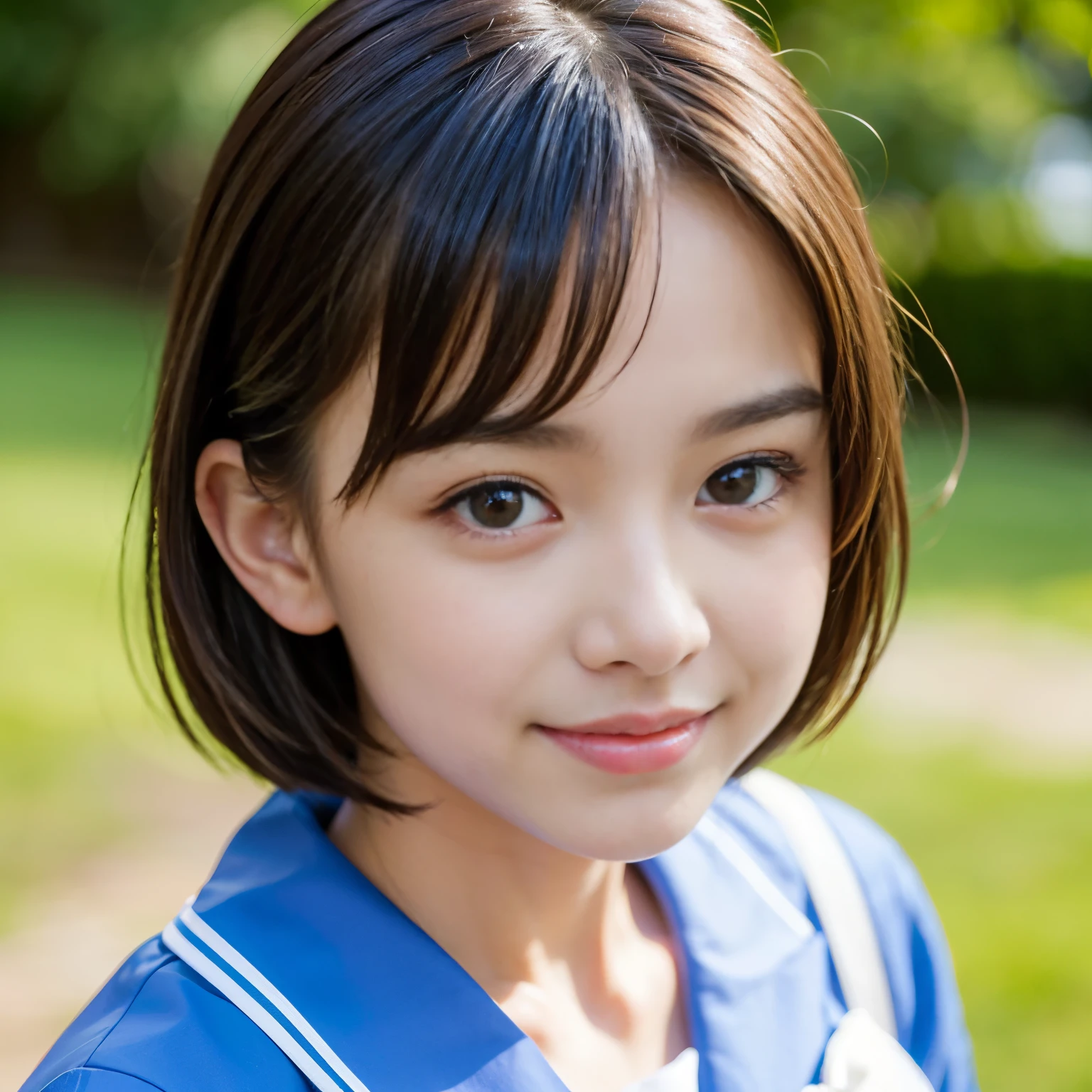 Best-quality, Masterpiece, Ultra-High-Resolution, (Photorealistic:1.4), Raw Photo, depth of field, professional lighting, perfect anatomy, extremely details, 1girl, 15-years-old, the most famous Japanese idol, wearing Japanese high-school uniform, at stairs, (extremely cute face, ((extremely beautiful and extremely big eyes)), extremely beautiful short-cut-haired, extremely beautiful skins), realistic skin texture, extremely beautiful long-eyelashes, extremely beautiful lips, childish body, looking at viewer, innocent-smile