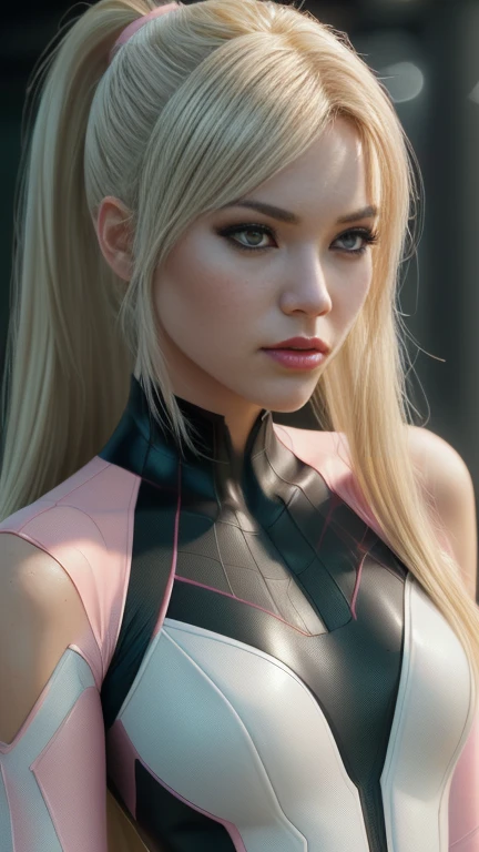 (RAW, analogue, Nikon Z 14mm ultra wide angle lens, award-winning glamor photography, ((best quality)), ((masterpiece)), ((realistic)), skin pores, subsurface scattering, light rays radiant, high resolution, detailed facial features, great detail, sharp focus, soft, aesthetic, extremely detailed, ((light gray eyes)), makeup, ((extremely detailed eyes, extremely detailed iris)), extremely detailed hair, (small breasts), ((proportionate body)), extremely detailed skin, extremely detailed clothing, octane rendering, photorealistic, realistic, post-processing, maximum detail, realistic shadows, roughness, texture natural skin, real life, ultra realistic, photorealism, photography, 8k UHD, photography, hdr, intricate, elegant, highly detailed, sharp focus, stunning, beautiful, gorgeous, beautiful and realistically detailed 22 year old girl like Marvel's Spider-Gwen, ((in Gwen's 70%White, 20%black and 10%pink Spider suit)), soft red painted lips, ((blonde hair)), ((high ponytail)), full body visible, realistic skin, photorealistic and realistic cinematic shot (extremely detailed CG unity 8k wallpaper), trending on ArtStation, trending on CGSociety, high detail , sharp focus, dramatic and beautiful background, full shot, high quality, (beautiful face), (detailed face), detailed hands, beautiful hands.