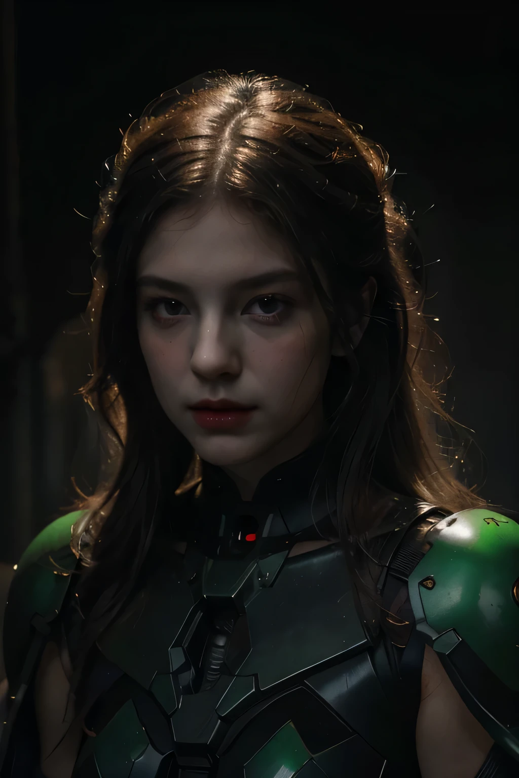 (realistic:1.2) HD, High quality, Cinematic lighting, wide angle, shallow focus, Caravaggio, Chiaroscuro, Gundam style. Dark, cosmic horror, psychedelic. Ancients, Gods, Esoteric, ominous, alien.  Beautiful and Elegant Goddess, clear dragonfly wings. Fantastic grey hair. Black, Red, and Royal Green Military-styled multilayered bio-mechanical paneled armor.  Subtle red and yellow neon light emanates from beneath some of her biomechanical parts. Atmospheric  (glowing:1.2), nebulous, hazy, dark misty atmospheric background,