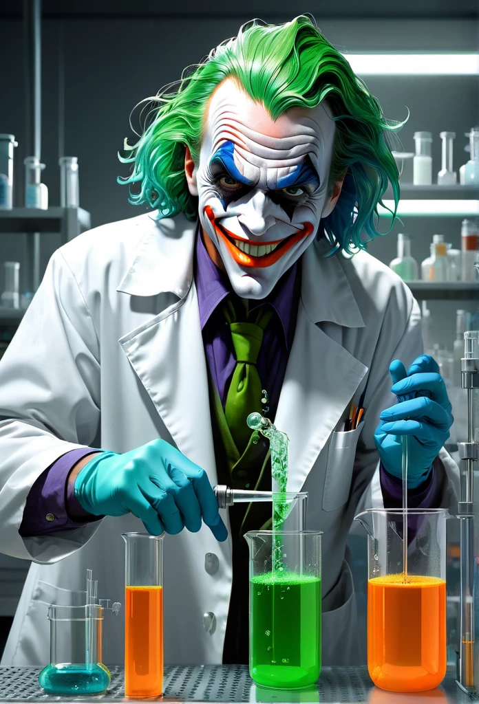 Jack Nicholson as The 1992 Joker with wild, green hair, a menacing smile, and a pair of protective goggles, serious and determined face expression, wearing a white laboratory coat, trying to mix two fluids in a crystal clear reaction tube glass, one in his right hand is a bright orange viscous fluid, and one in his left hand is a blue liquid, in a neat, tidy, and well-organized chemical laboratory, with a bubbling flask and smoke rising from it, with insane detail, high resolution, high definition, 8k, ultra sharp and crisp, realistic style, Don Lawrence style, octane render, cinematic