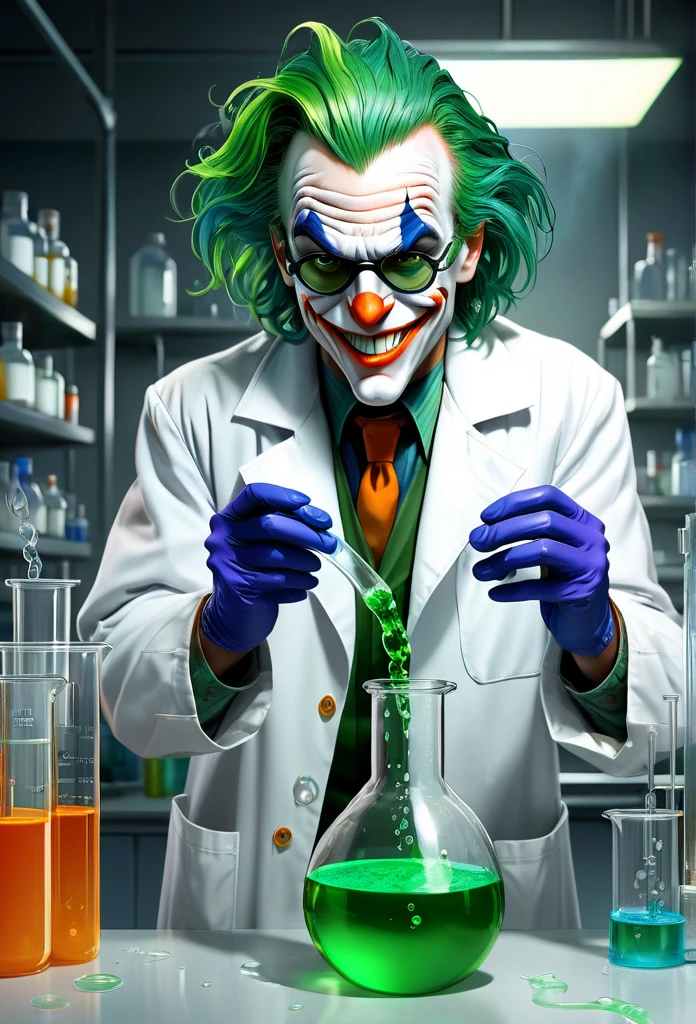 Jack Nicholson as The 1992 Joker with wild, green hair, a menacing smile, and a pair of protective goggles, serious and determined face expression, wearing a white laboratory coat, trying to mix two fluids in a crystal clear reaction tube glass, one in his right hand is a bright orange viscous fluid, and one in his left hand is a blue liquid, in a neat, tidy, and well-organized chemical laboratory, with a bubbling flask and smoke rising from it, with insane detail, high resolution, high definition, 8k, ultra sharp and crisp, realistic style, Don Lawrence style, octane render, cinematic