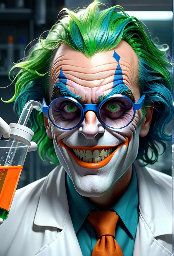 Jack Nicholson as The 1992 Joker with wild, green hair, a menacing smile, and a pair of protective goggles, serious and determined face expression, wearing a white laboratory coat, trying to mix two fluids in a crystal clear reaction tube glass, one in his right hand is a bright orange viscous fluid, and one in his left hand is a blue liquid, in a neat, tidy, and well-organized chemical laboratory, with a bubbling flask and smoke rising from it, with insane detail, high resolution, high definition, 8k, ultra sharp and crisp, realistic style, Don Lawrence style, octane render, cinematic