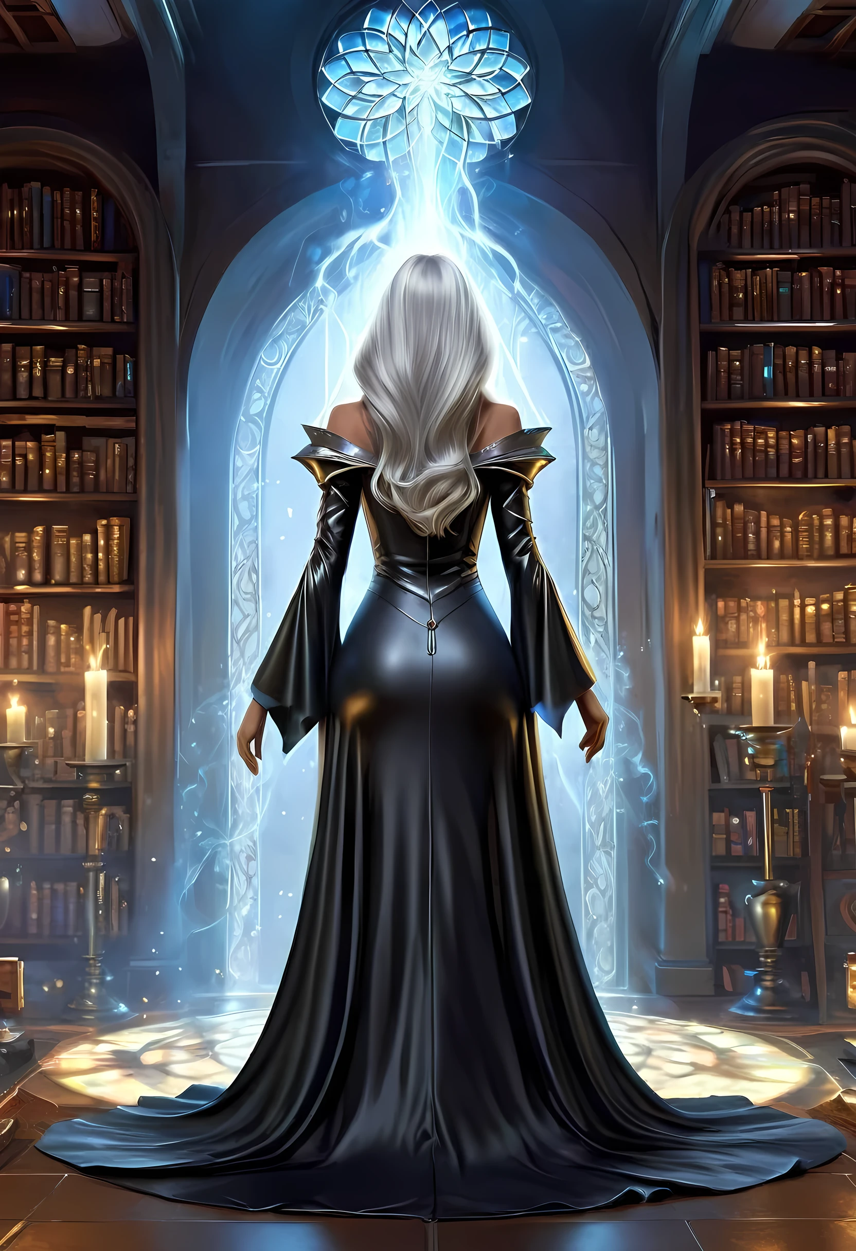 high details, best quality, 16k, [ultra detailed], masterpiece, best quality, (extremely detailed), full body, ultra wide shot, (ultra details, Masterpiece, best quality), fantasy art, dnd art, fantasy art, realistic art, a sorceress casting a AlchemyPunkAI spell in magical library (ultra details, Masterpiece, best quality), exquisite beautiful human woman (ultra details, Masterpiece, best quality), (sliver: 1.3) hair, long hair, (long dark dress: 1.2), (white cloak: 1.3), high heeled boots (ultra details, Masterpiece, best quality) AlchemyPunkAI