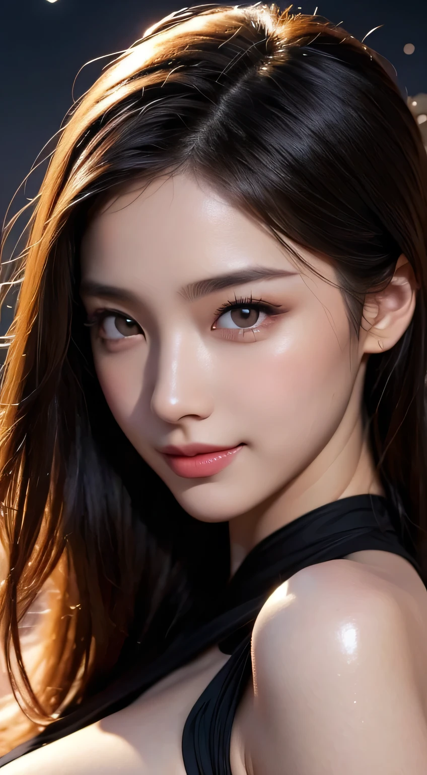 Kimono beauty, body portrait, 8k, thin and beautiful eyes, Dindal effect, masterpiece, top quality, high quality, high resolution, very detailed photo, (natural skin texture, fine skin, hyper realism, super sharpness) , high detail skin, (very fine, fine skin texture, intricate details, beautiful face, (real-like face), realistic eyes, beautifully detailed eyes, realistic skin, beautiful skin, surreal, Highly detailed, golden ratio, smiling eyes, ((night moonlight background)), body portrait, G cup, big breasts, huge breasts, big breasts, glamorous, shiny bodysuit