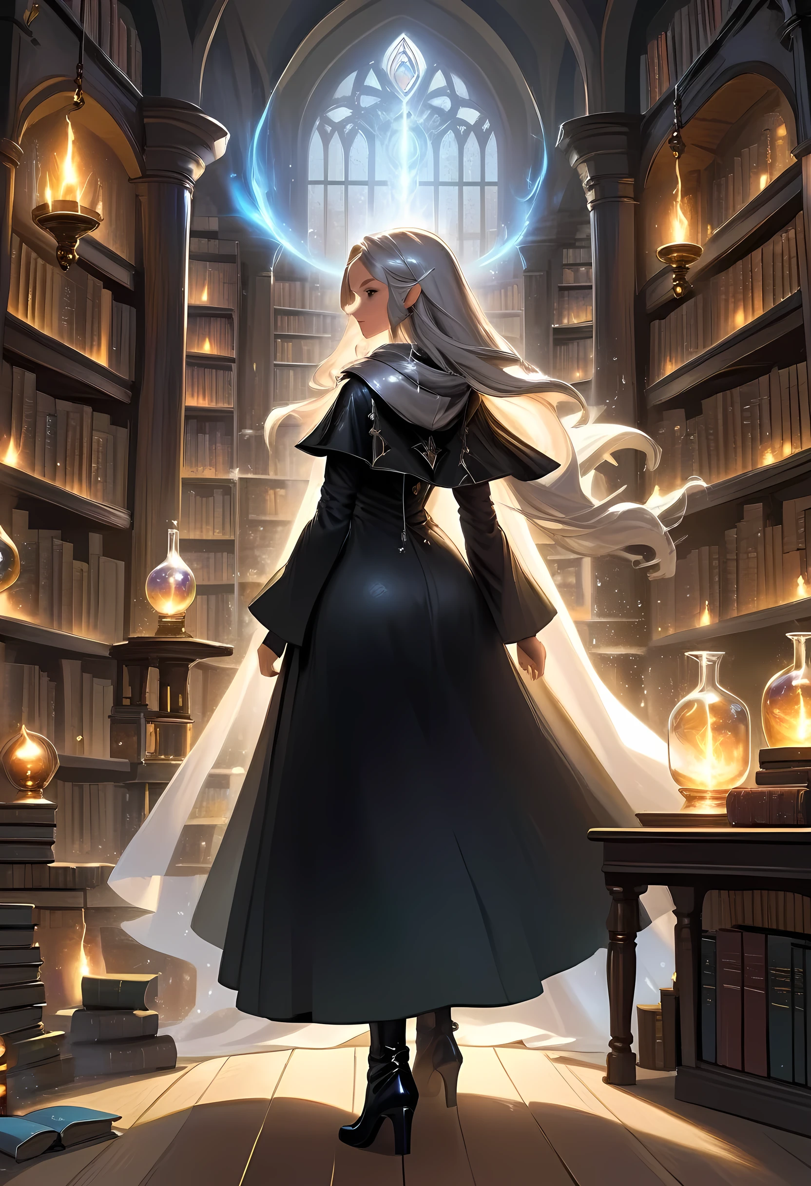 high details, best quality, 16k, [ultra detailed], masterpiece, best quality, (extremely detailed), full body, ultra wide shot, (ultra details, Masterpiece, best quality), fantasy art, dnd art, fantasy art, realistic art, a sorceress casting a AlchemyPunkAI spell in magical library (ultra details, Masterpiece, best quality), exquisite beautiful human woman (ultra details, Masterpiece, best quality), (sliver: 1.3) hair, long hair, (long dark dress: 1.2), (white cloak: 1.3), high heeled boots (ultra details, Masterpiece, best quality) AlchemyPunkAI