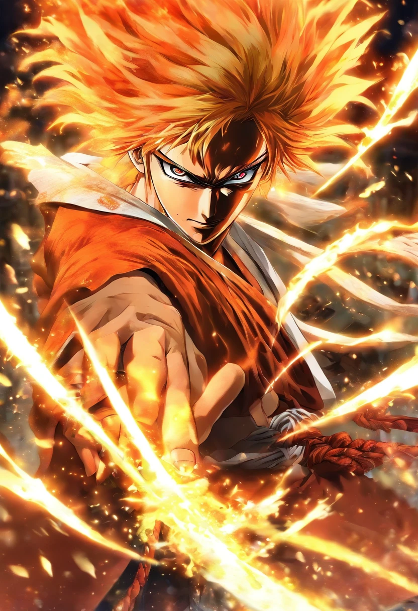 1 chico, solo, pelo pintiagudo, cabello anaranjado, ojos marron, kimono negro, alto, katana en su mano derecha, bleach