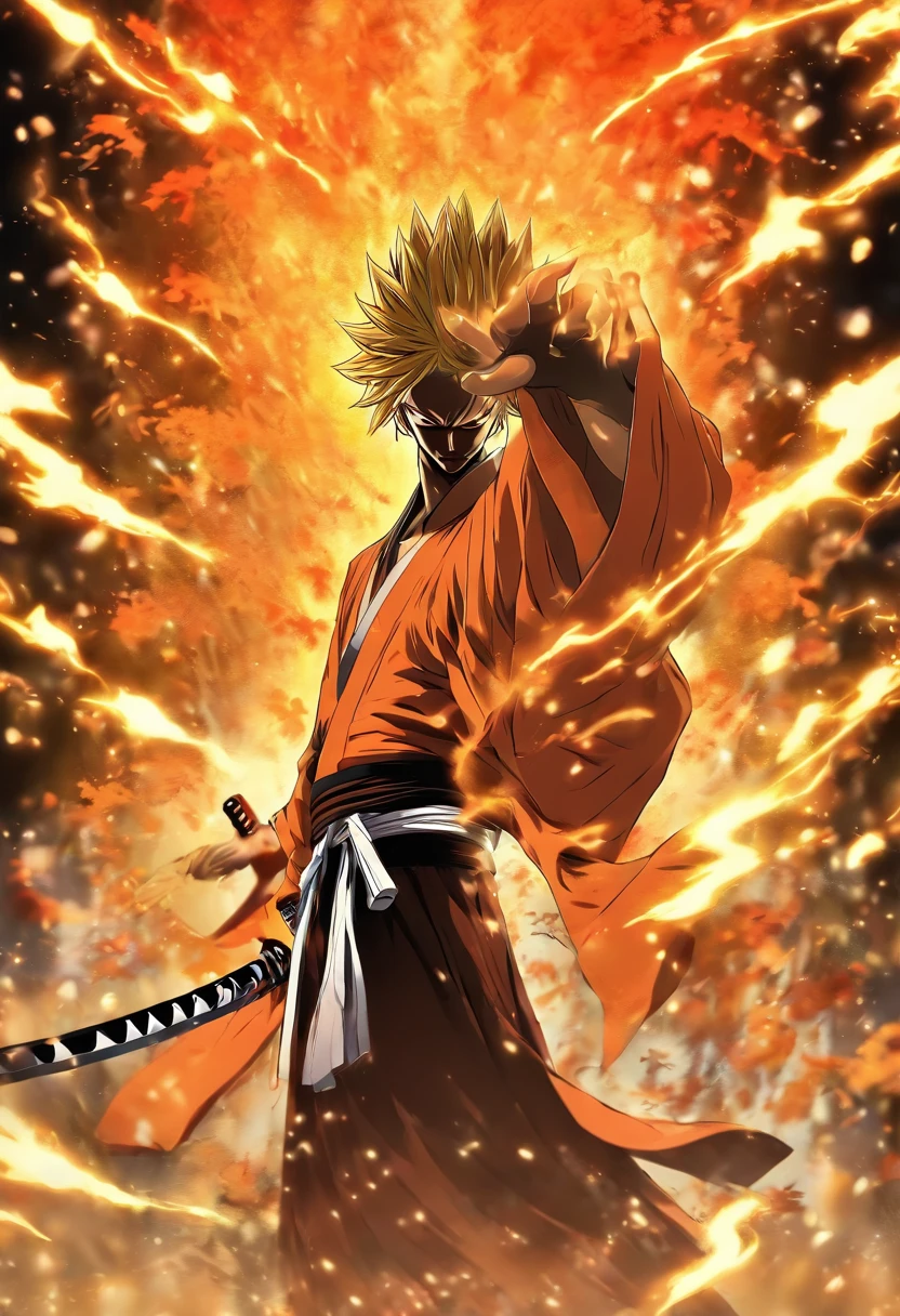 1 chico, solo, pelo pintiagudo, cabello anaranjado, ojos marron, kimono negro, alto, katana en su mano derecha, bleach