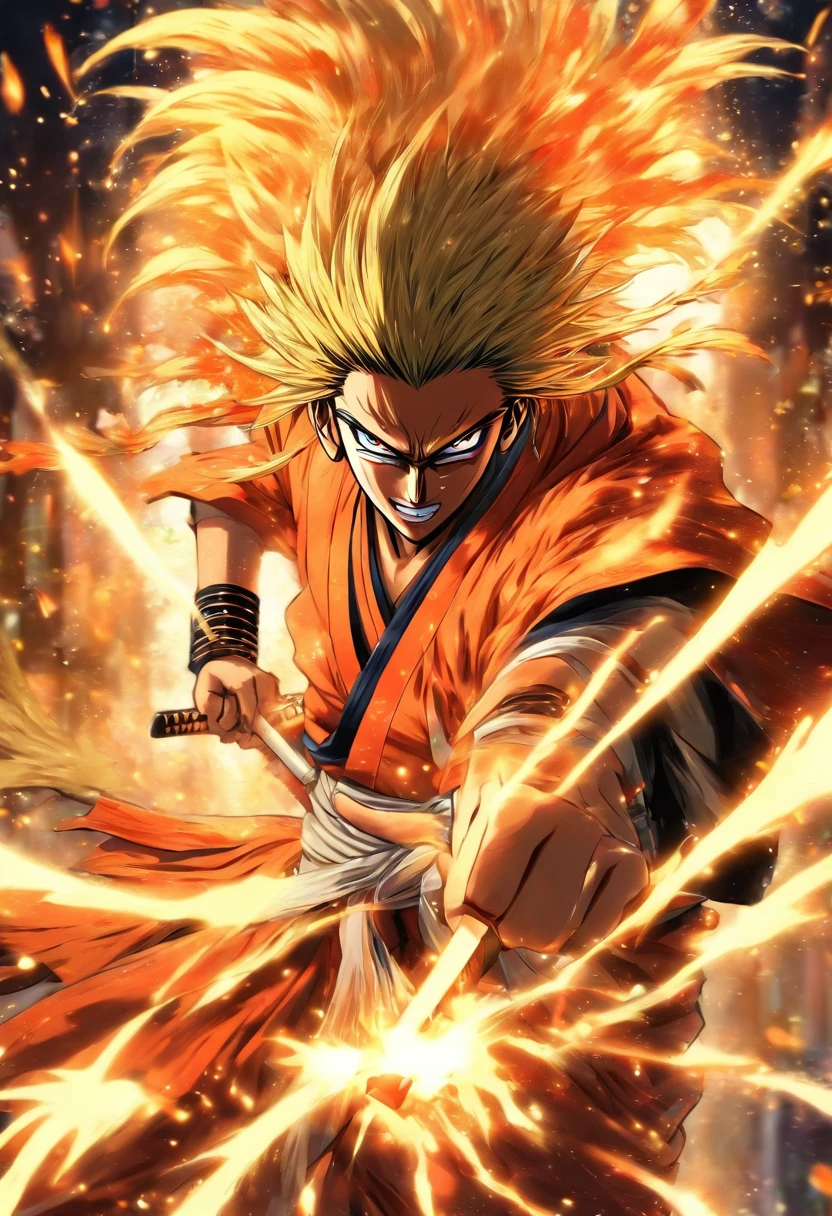 1 chico, solo, pelo pintiagudo, cabello anaranjado, ojos marron, kimono negro, alto, katana en su mano derecha, bleach